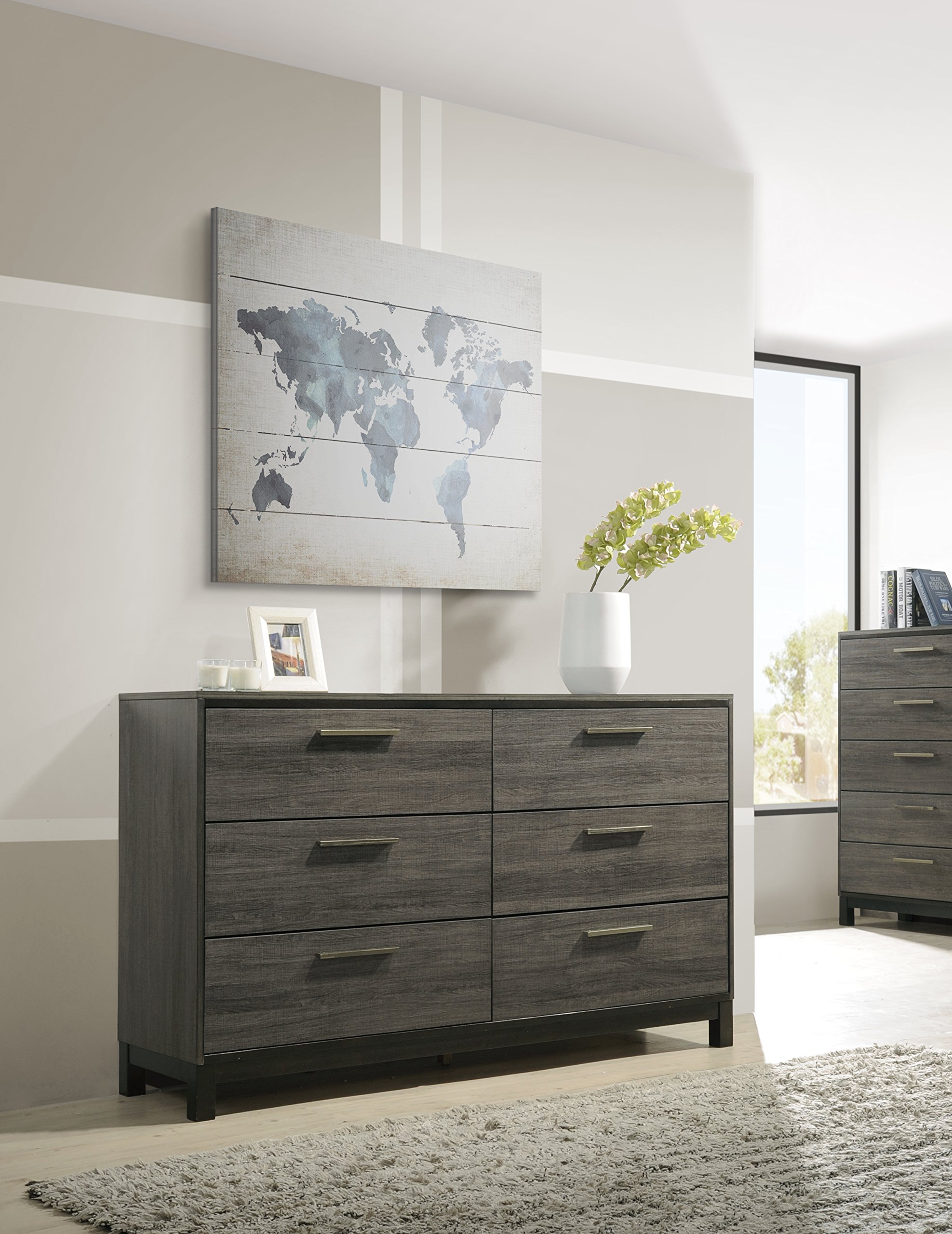 Roundhill Furniture Ioana 187 Antique Grey Finish Wood Queen Size Bedroom Set - Queen Bed, Dresser, Mirror, 2 Nightstands & Chest - Perfect for Master Bedroom, Guest Room or Apartment Decor