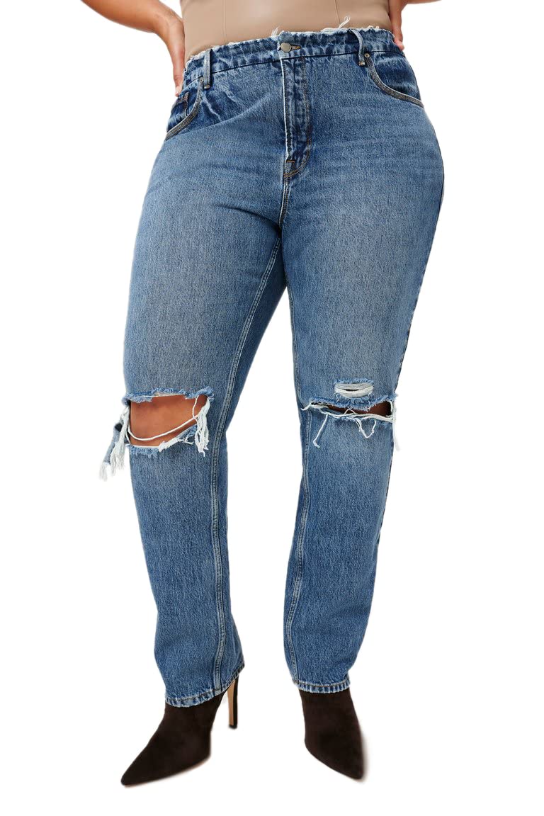 Good American Women's 90s High-Rise Destroyed Straight Leg Jeans - Vintage Distressed Denim for Casual Outfits & Streetwear Fashion