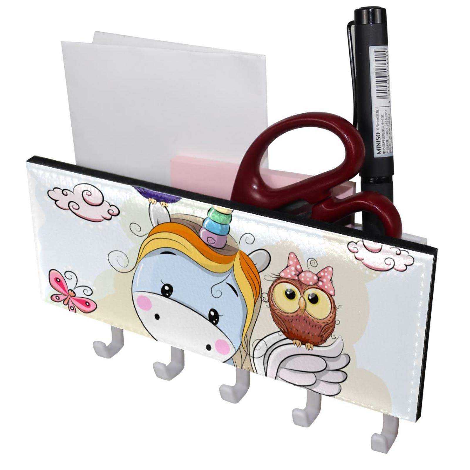 Adorable Cartoon Unicorn & Baby Owls Wall Mounted Storage Shelf with Hooks - Space Saving Coat Rack for Entryway, Bathroom, Living Room & Kitchen Organization - Perfect for Small Spaces & Kids Room Decor