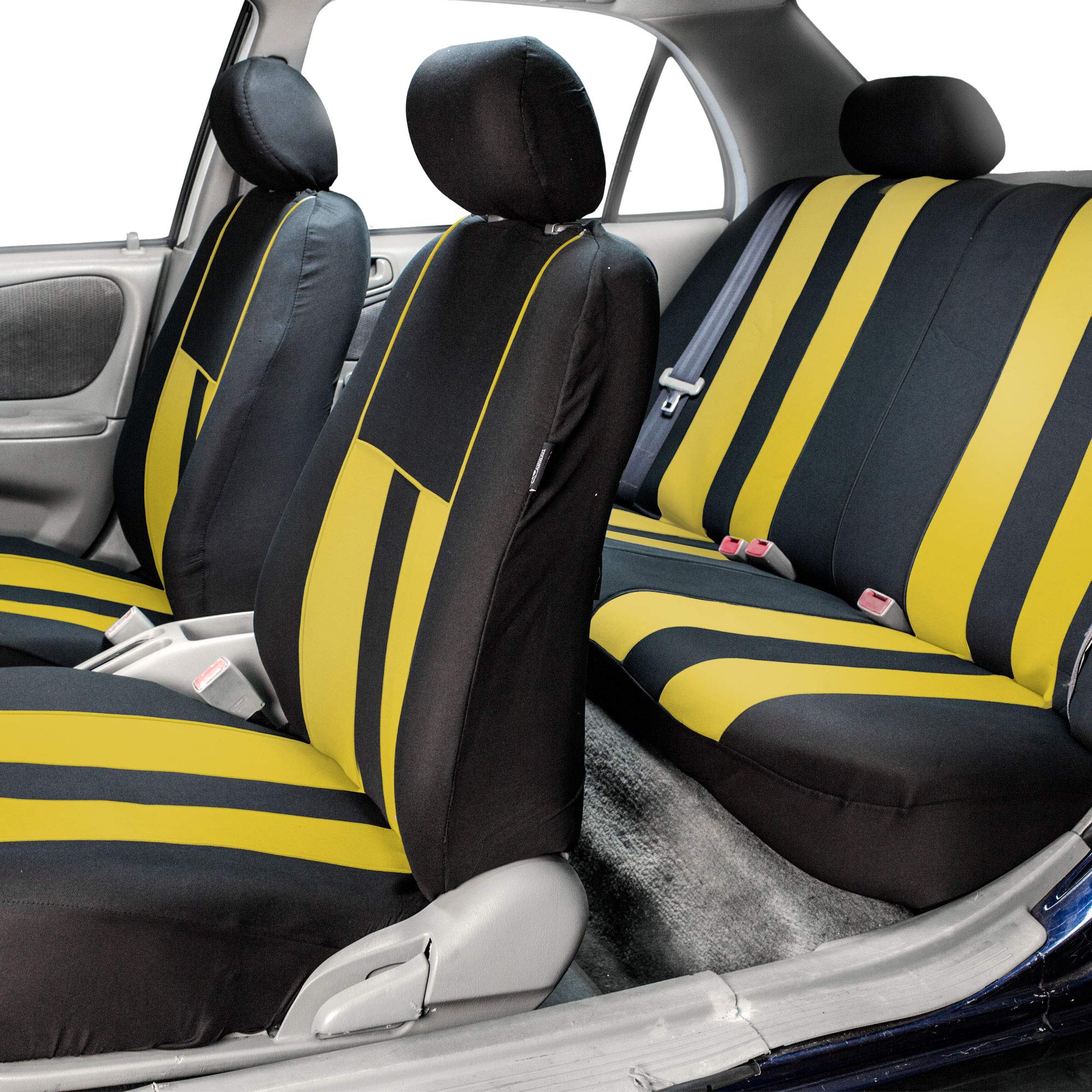 FH Group Universal Car Seat Covers - Full Set Yellow Striped Design, Airbag Compatible & Split Rear Seat Cover for Cars, Trucks, SUVs | Durable Interior Accessories for Daily Commute & Road Trips