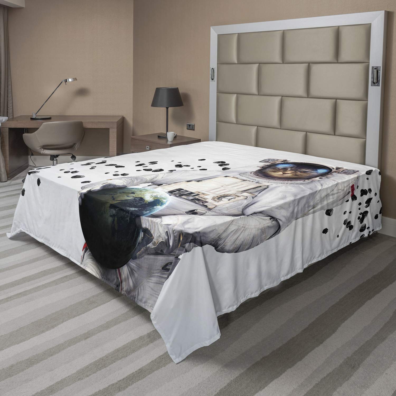 Ambesonne Space Cat King Size Flat Sheet - Astronaut Kitten in Space Suit Holding Planet with Galaxy Print, Soft & Comfortable Decorative Bedding (1 Piece, White Black Blue) for Kids Room, Dorm or Space-Themed Bedroom Decor