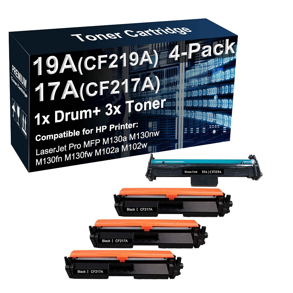 4-Pack (1x Drum + 3x Toner) Compatible CF219A 19A Laser Drum Unit & CF217A 17A Toner Cartridge for HP MFP M130a M130nw M102a M102w Printers - High Yield Black Replacement - Perfect for Office & Home Printing Needs