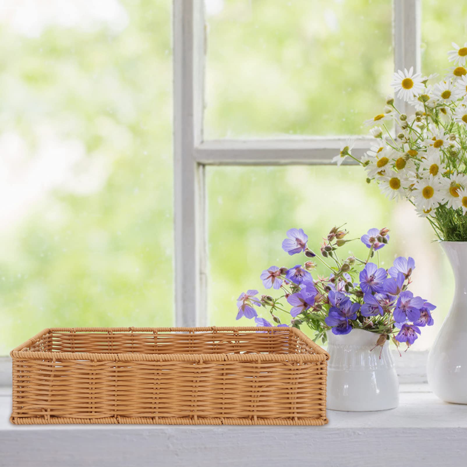 Tomaibaby Rattan Serving Tray - Rectangular Woven Wicker Basket for Fruits, Bread & Vegetables | Kitchen Countertop Organizer & Picnic Serving Dish | Perfect for Home Decor, Dining Table Centerpiece & Outdoor Gatherings