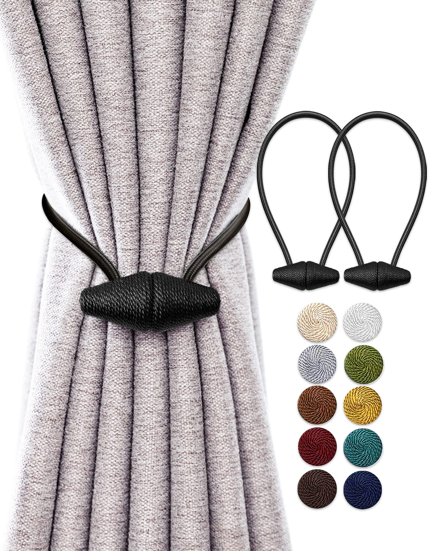 Upgraded Magnetic Curtain Tiebacks - 2 Pack 16 Inch Stronger Hold Drapery Holdbacks for Indoor & Outdoor Use (Black) - Perfect for Living Room, Bedroom, and Patio Decor