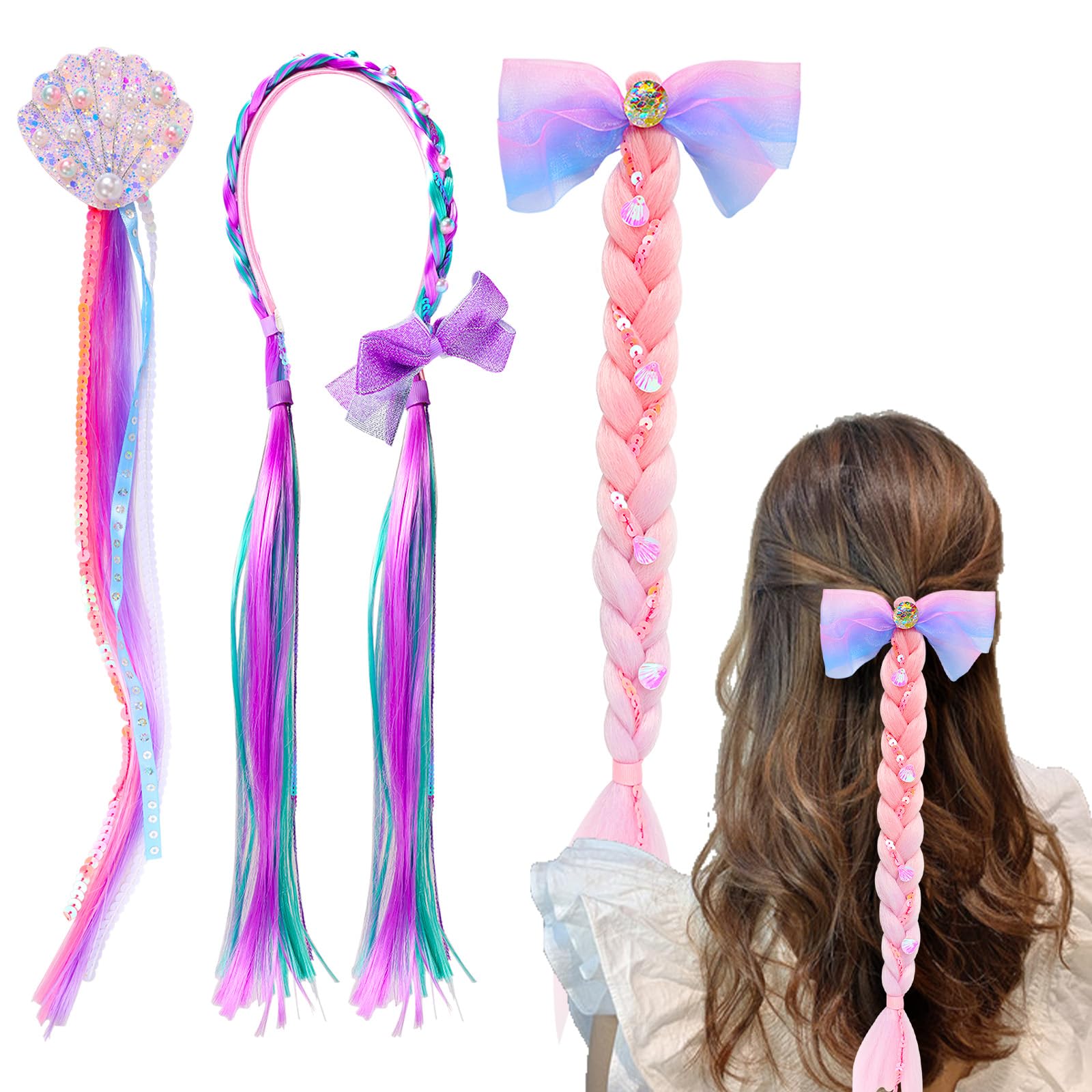 PinkSheep 3 Pack Mermaid Hair Clips for Girls - Fake Hair Extensions & Rainbow Wigs for Kids - Perfect for Costume Parties, Dress Up, Halloween & Cosplay