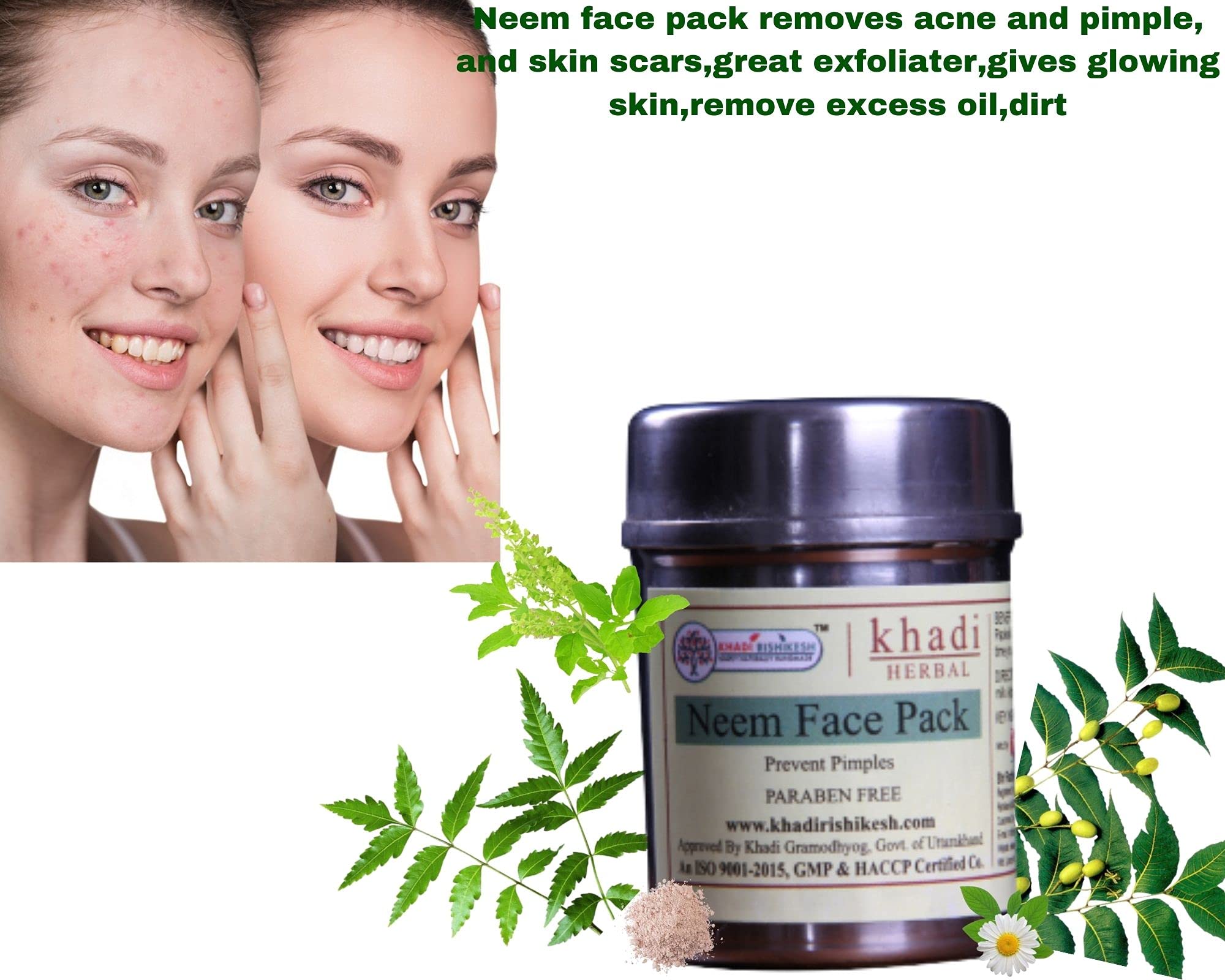 Khadi Rishikesh Herbal Neem Acne Pimple Face Pack - Reduces Dark Spots, Anti-Aging & Wrinkles with Calamine, Tulsi & Tree Turmeric | Suitable for All Skin Types | Men & Women - 50gm | Perfect for Daily Skincare Routine & Acne Treatment