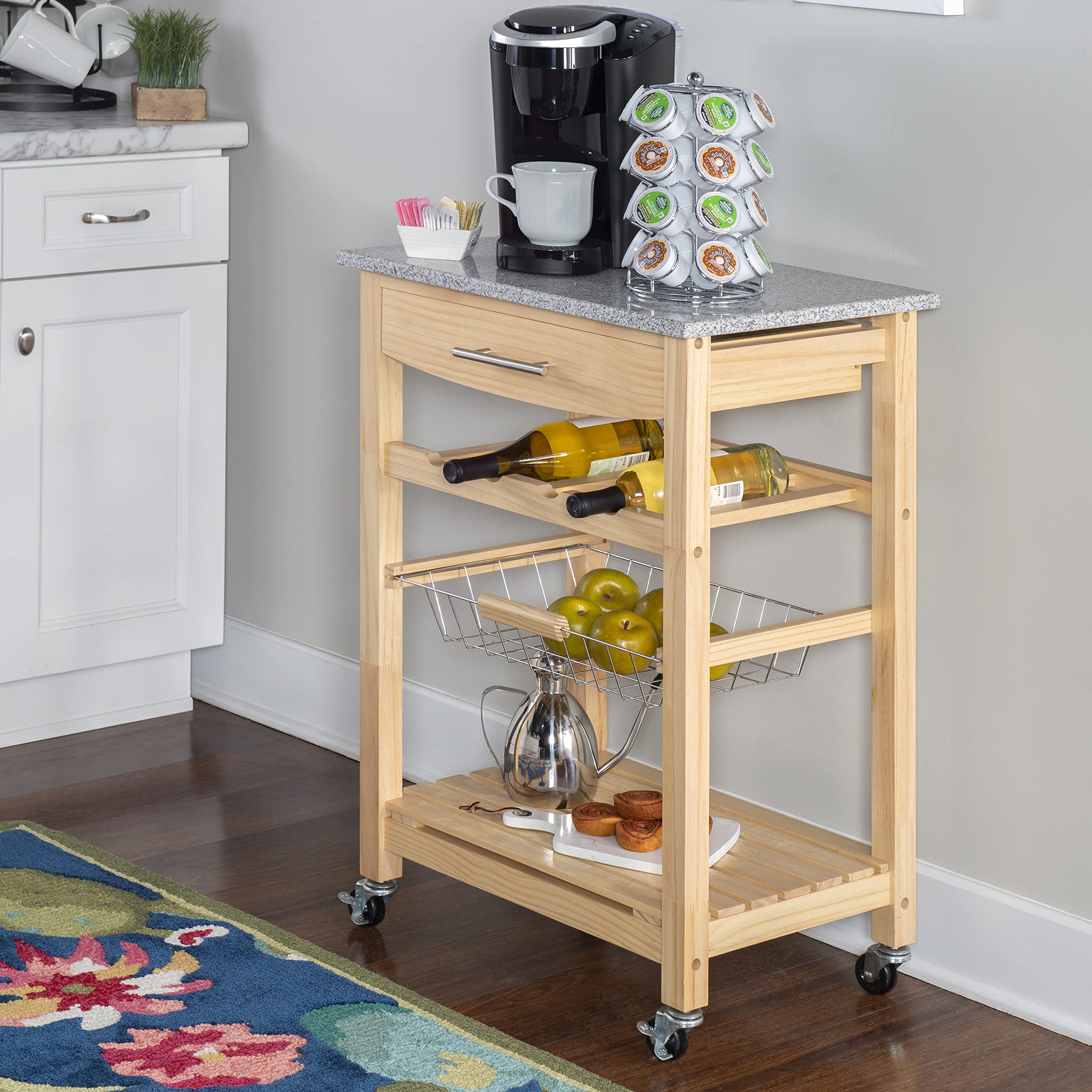 Linon Mila Natural Granite Kitchen Island with Storage Basket & Wheels - Mobile Kitchen Cart for Small Spaces, Food Prep & Extra Counter Space