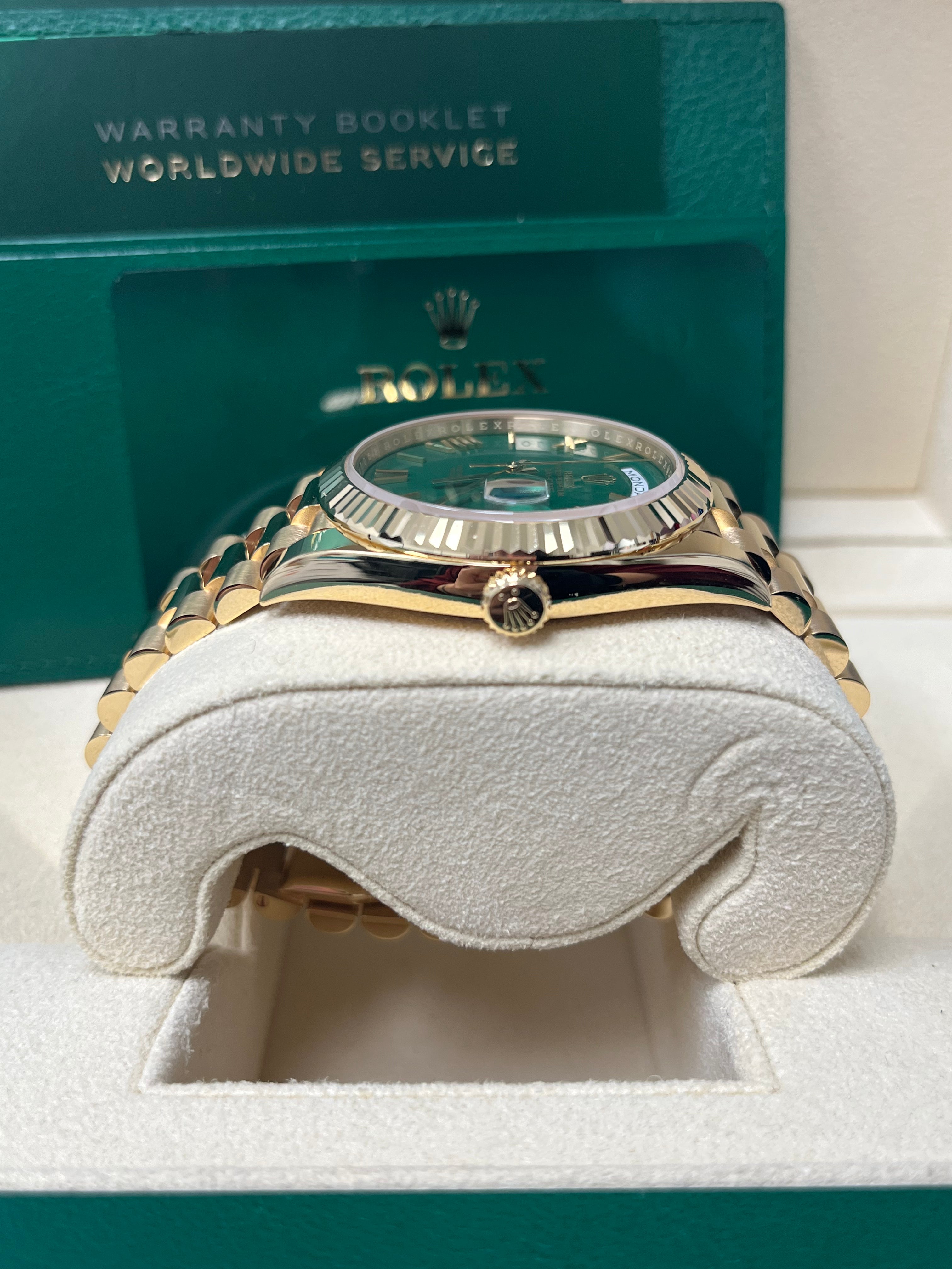 Rolex Day Date 40mm Men's Watch - 18K Yellow Gold Case, Green Roman Dial (Model 228238) | Luxury Dress Watch for Business & Formal Occasions