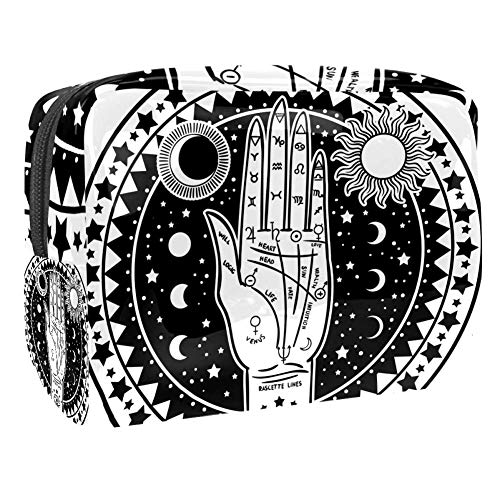 Vintage PVC Cosmetic Bag with Fortune Teller Hand & Palmistry Design - Waterproof Zippered Makeup Pouch for Women & Girls - Perfect for Travel, Toiletry Storage & Daily Use