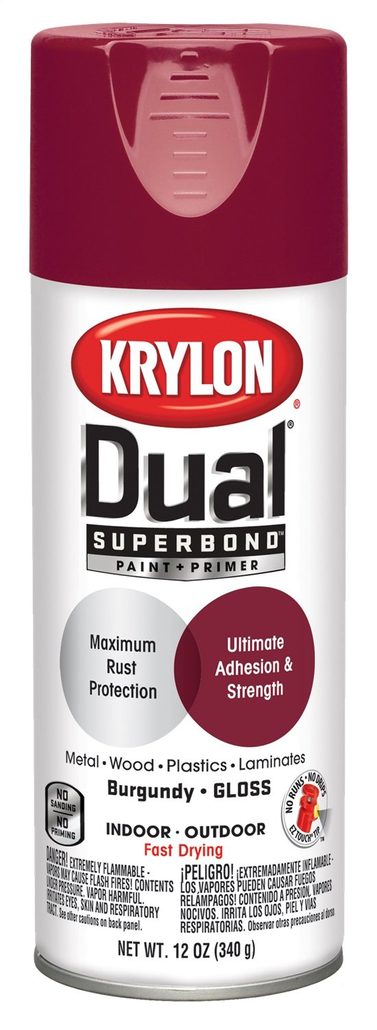 Krylon K08804007 Dual Superbond Paint and Primer - Gloss Burgundy (12 oz) for Wood, Metal & Plastic - DIY Home Improvement & Craft Projects