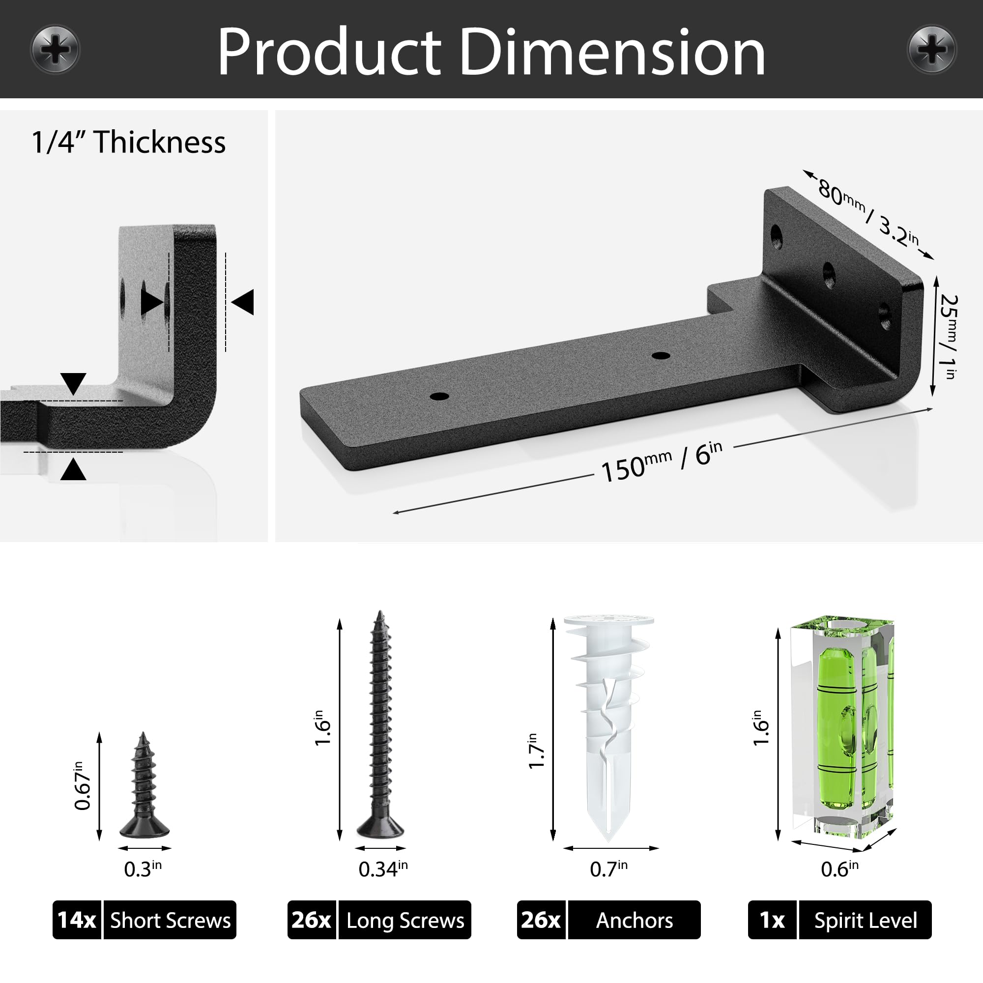 Hidden L Floating Shelf Brackets - 6 Inch, 6 Pack Heavy Duty Industrial Wall Mounted Rustic Black Shelf Brackets with Modern Iron Finish - Perfect for Home Office, Kitchen, Bathroom & Living Room Storage & Decor