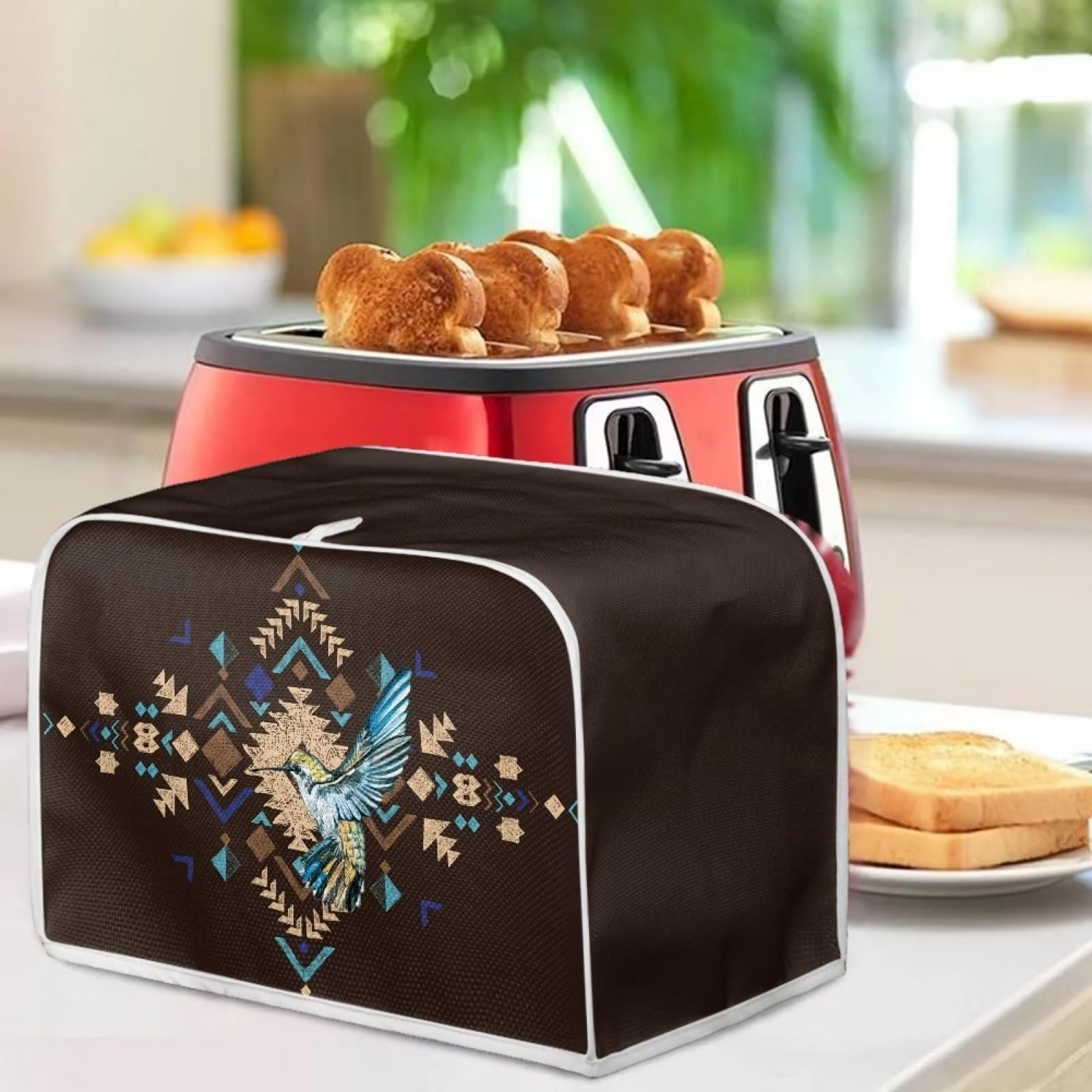 Hummingbird Brown 2-Slice Toaster Cover - Stain Resistant Dustproof Kitchen Appliance Protector with Aztec Ethnic Design | Perfect for Bread Toasters & Small Countertop Ovens