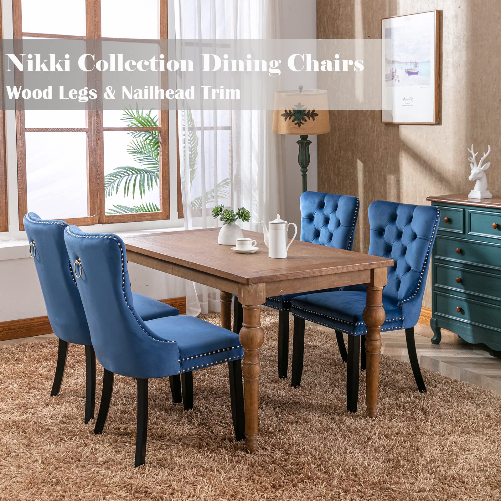 Luxury Velvet Dining Chairs Set of 4 - Upholstered Tufted Wingback Kitchen Chairs with Solid Wood Legs & Gold Ring Pull Trim - Elegant Blue Accent Chairs for Dining Room, Living Room, Kitchen | Perfect for Formal Dinners, Family Gatherings & Home Decor