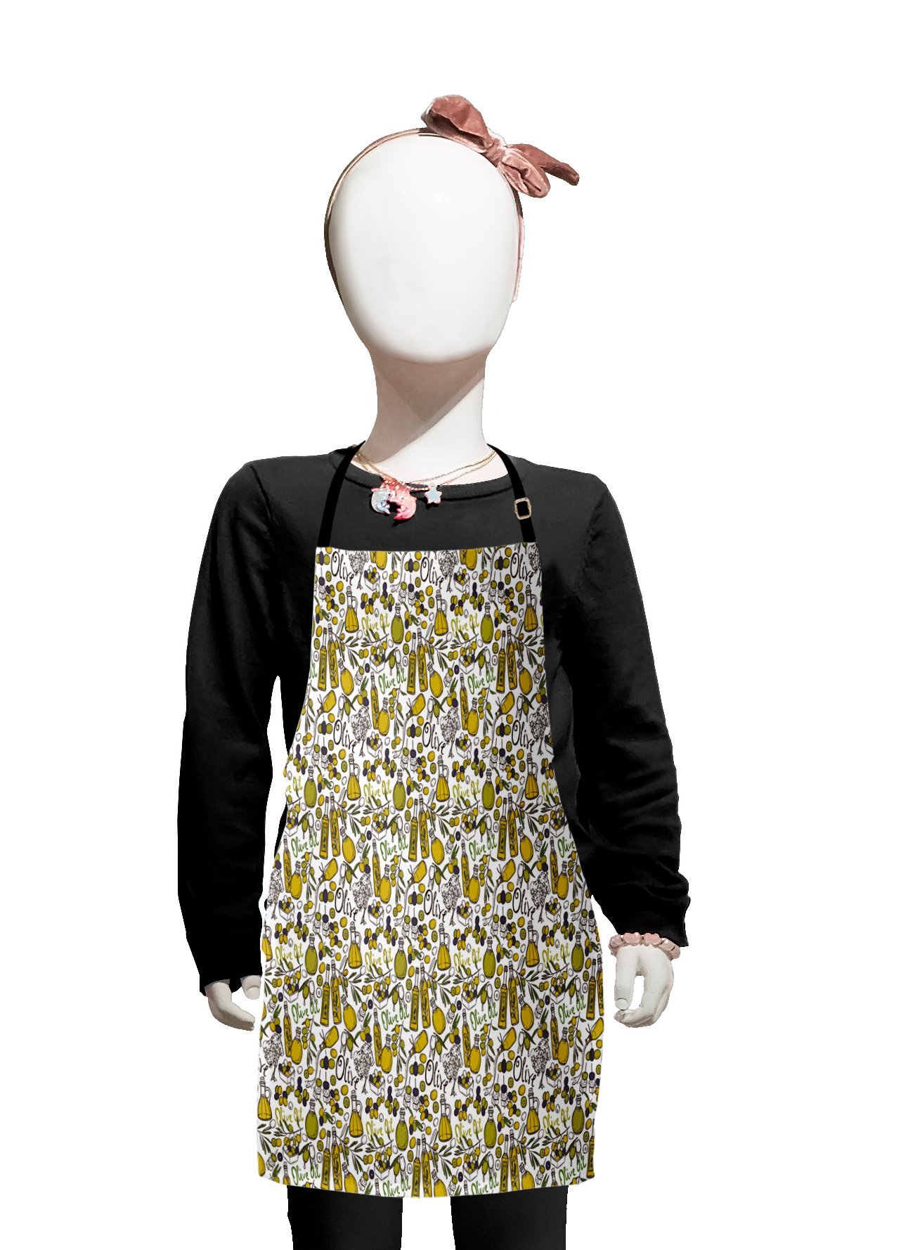 Vintage Olive Oil Lettering Bottles & Fruit Branches Hand-Drawn Apron - Adjustable Ties for Baking, Painting, Cooking - Small Size Navy Blue Yellow Green - Perfect for Kitchen, BBQ, Art Classes & DIY Crafts