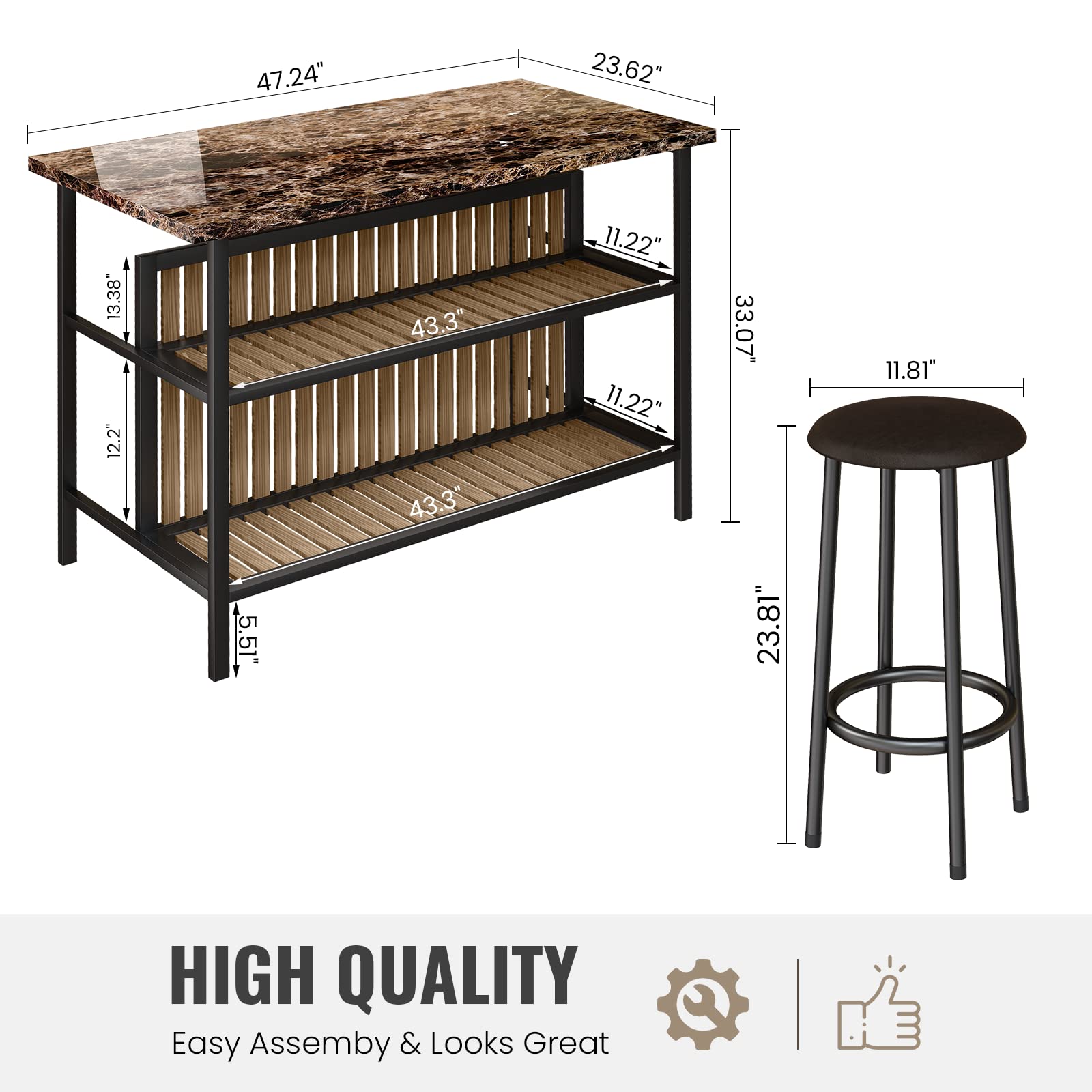 AWQM 3-Piece Wooden Bar Table Set with Storage & Seating - Kitchen Island Counter Height Dining Set in Brown - Perfect for Small Spaces, Breakfast Nook & Entertaining Guests