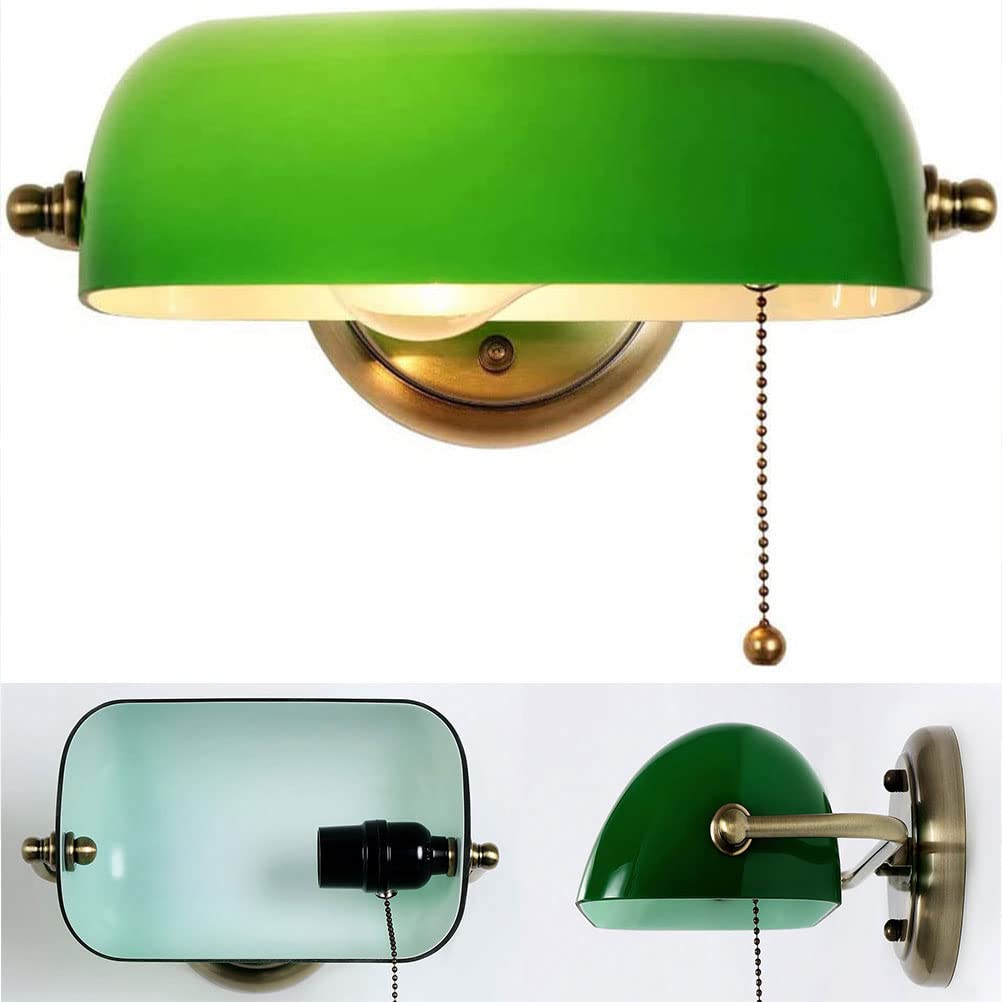 Omesino Traditional Green Banker Lamp - Vintage Reading Light with Pull Chain Switch & Adjustable Shade - Antique Desk Lamp for Study, Hotel Room, Bedside Nightstand - Perfect for Home Office & Library Lighting