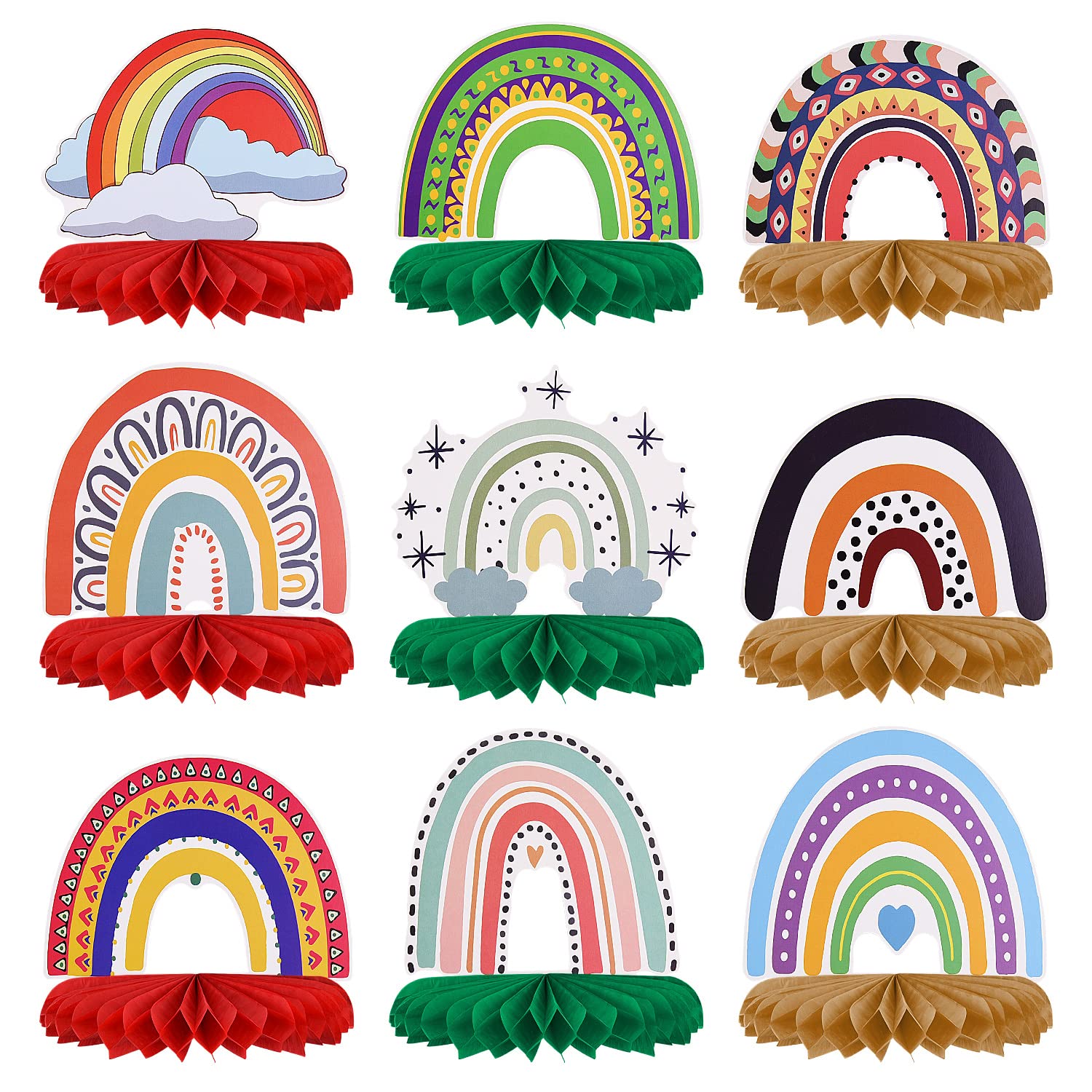 9Pcs Rainbow Honeycomb Party Decorations - Boho Baby Shower Centerpieces, Birthday Party Decor for Kids, Rainbow Cloud Table Decor - Perfect for Baby Showers, Birthday Parties & Rainbow Themed Events