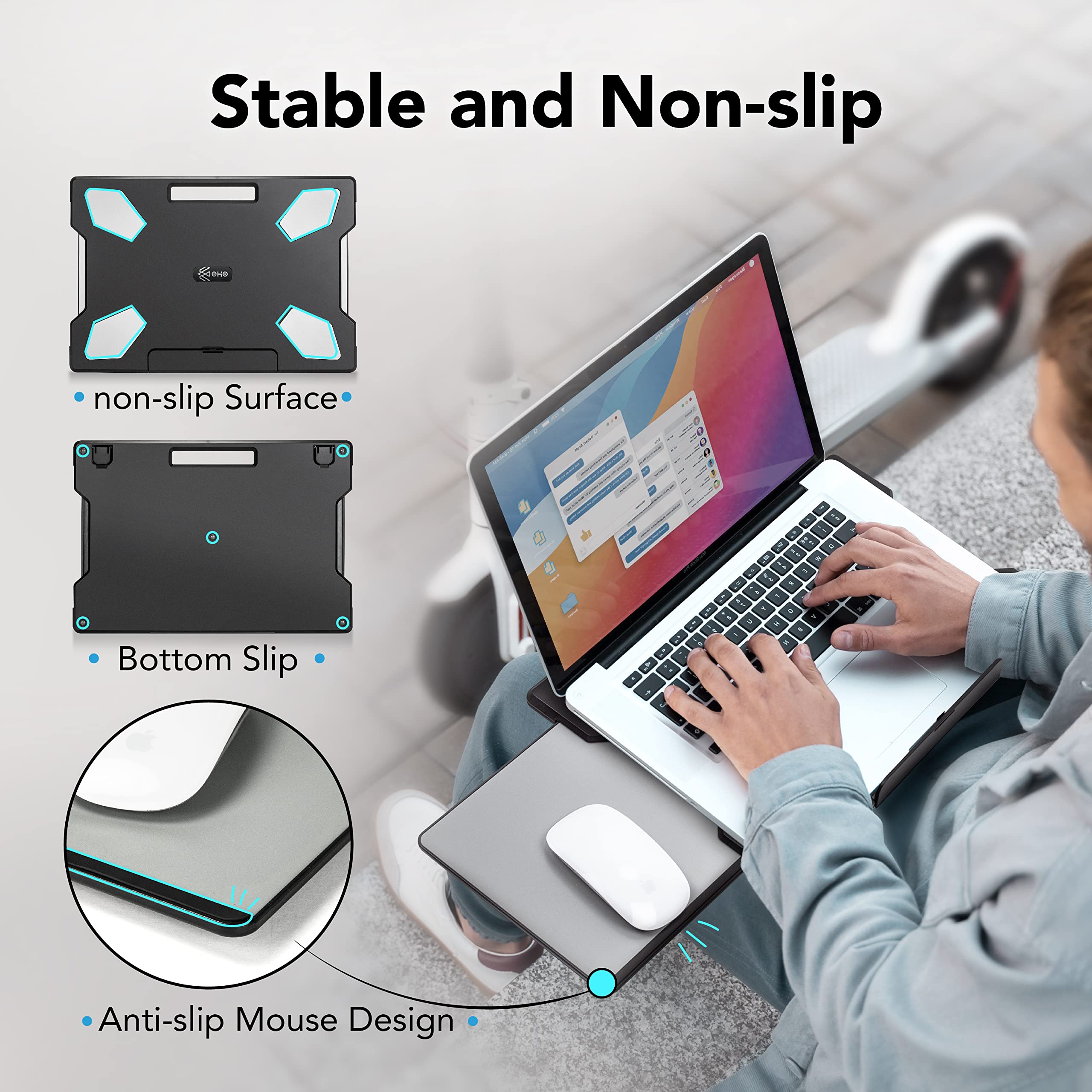 EHO Portable Lightweight Laptop Cooling Pad with Foldable Stopper & Retractable Mouse Tray - Left/Right Adjustable for Work, Study, Sofa Use | Home Office & Travel Laptop Accessory