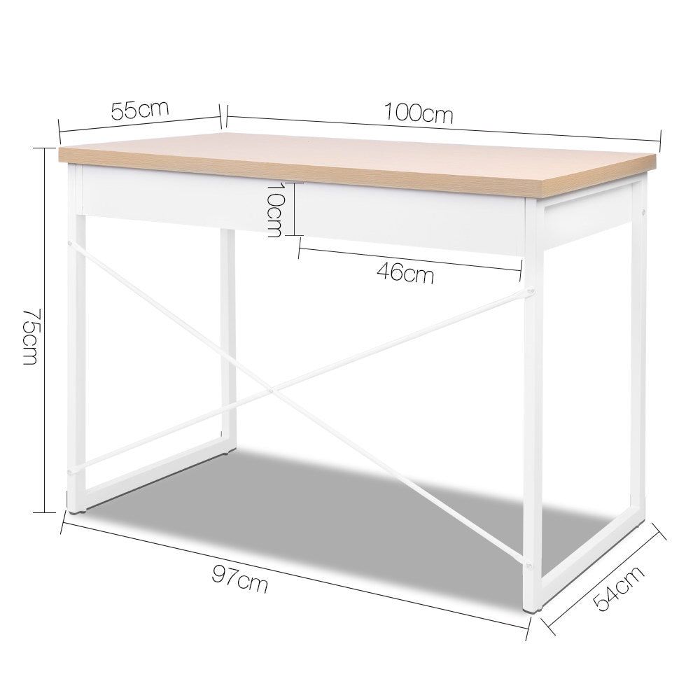 White Metal Desk with Wooden Top and Drawer - Modern Home Office Furniture for Study, Work, and Writing