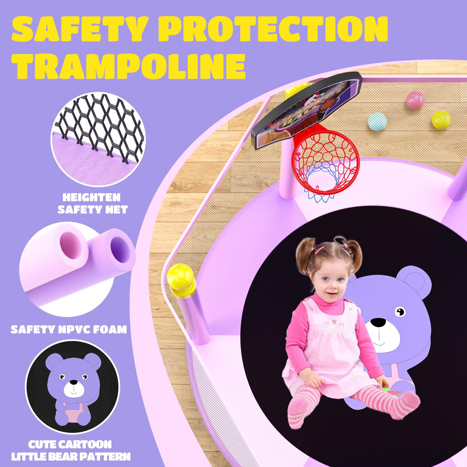 **5FT Kids Trampoline with Safety Enclosure Net & Basketball Hoop - Indoor/Outdoor Mini Trampoline Toy for Toddlers - Perfect Birthday Gift for Active Play, Backyard Fun & Exercise**