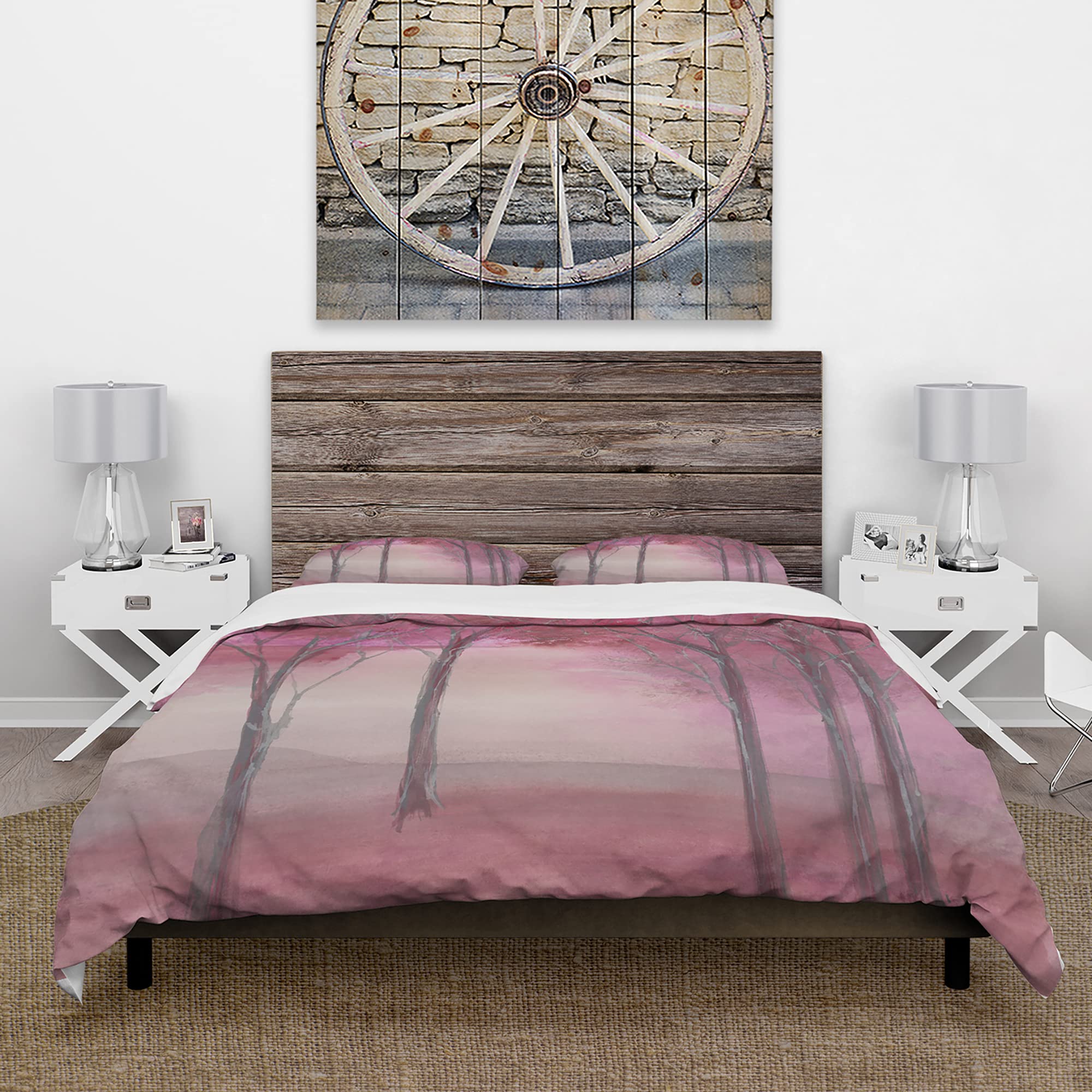 DesignQ Pink Forest Farmhouse Duvet Cover Set - Twin Size 3-Piece Landscape Bedding | All-Season Comfort for Cozy Farmhouse Bedrooms & Guest Rooms