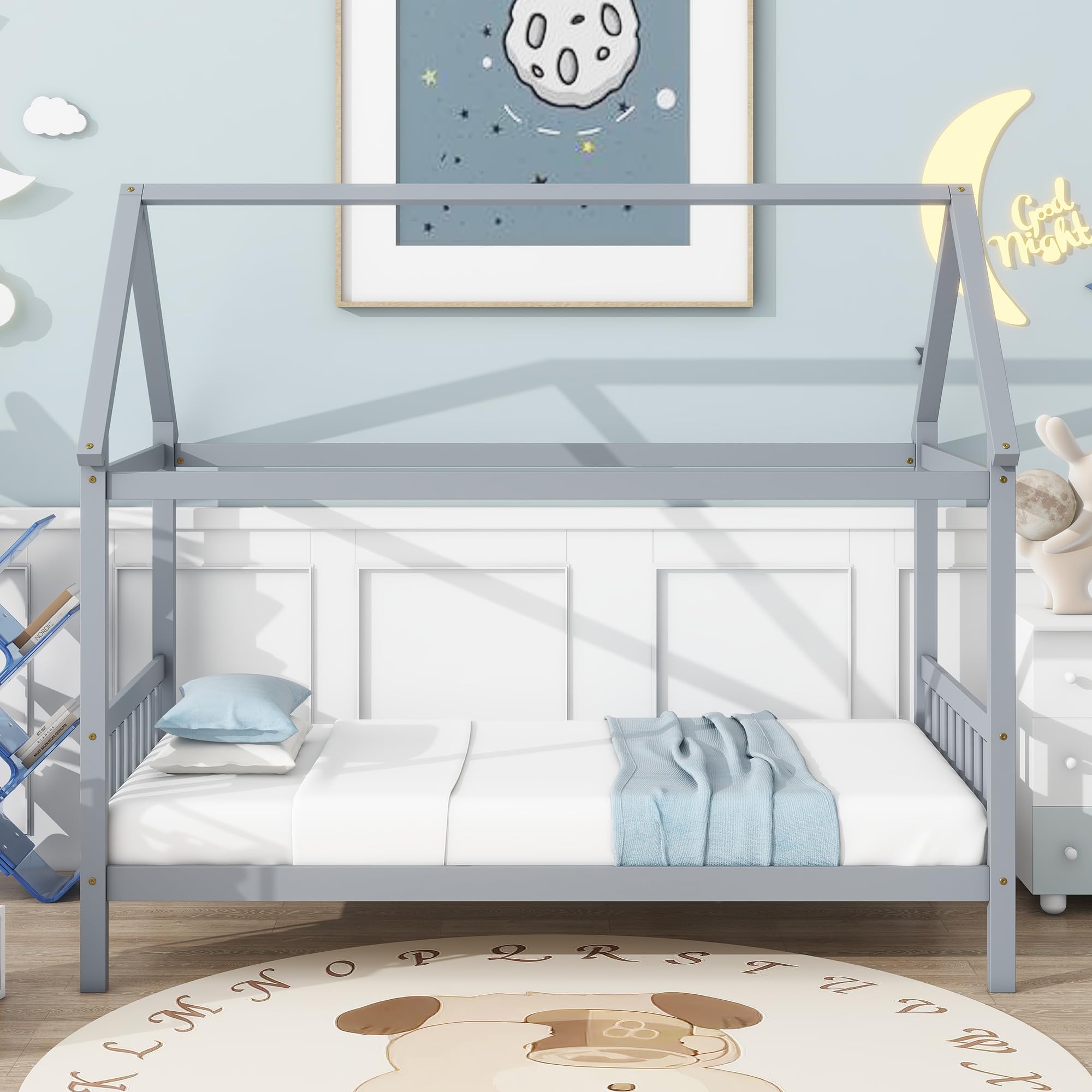 Montessori Twin Size Wooden House Bed Frame with Slats for Kids - Grey Floor Bed for Boys & Girls - Perfect for Bedrooms, Playrooms & Montessori Learning Spaces