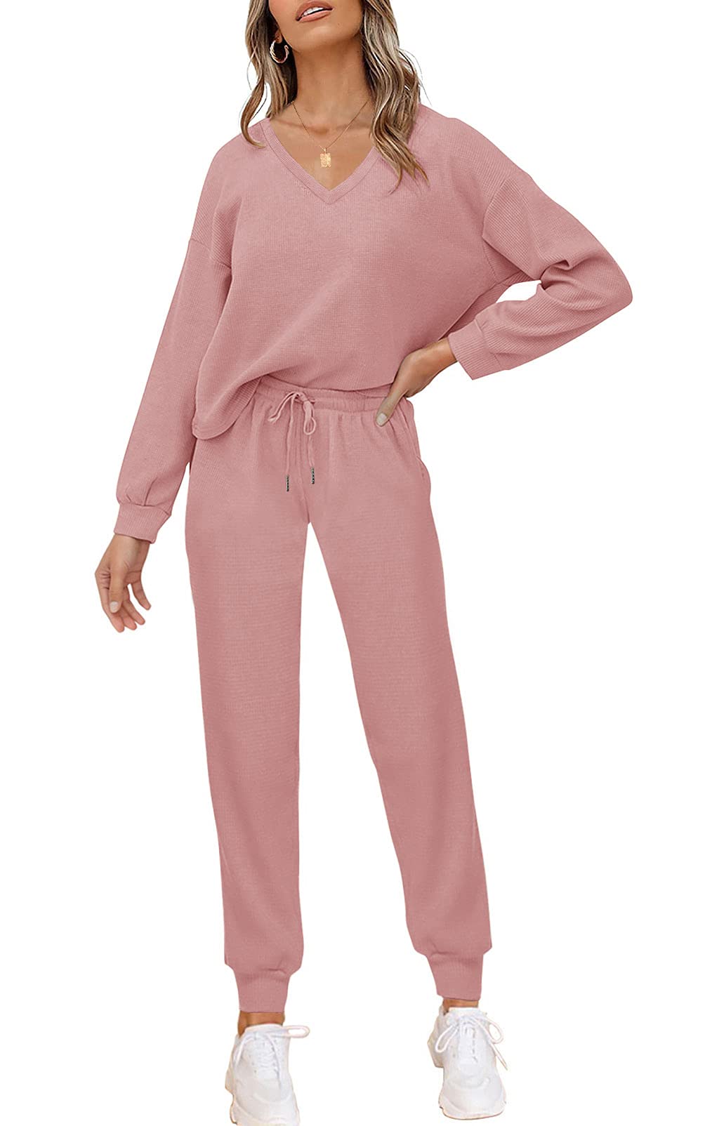 PIIRESO Women's V-Neck Waffle Knit 2-Piece Loungewear Set - Long Sleeve Top & Jogger Pants with Pockets | Cozy Casual Outfit for Home, Yoga, Travel & Lounge Wear