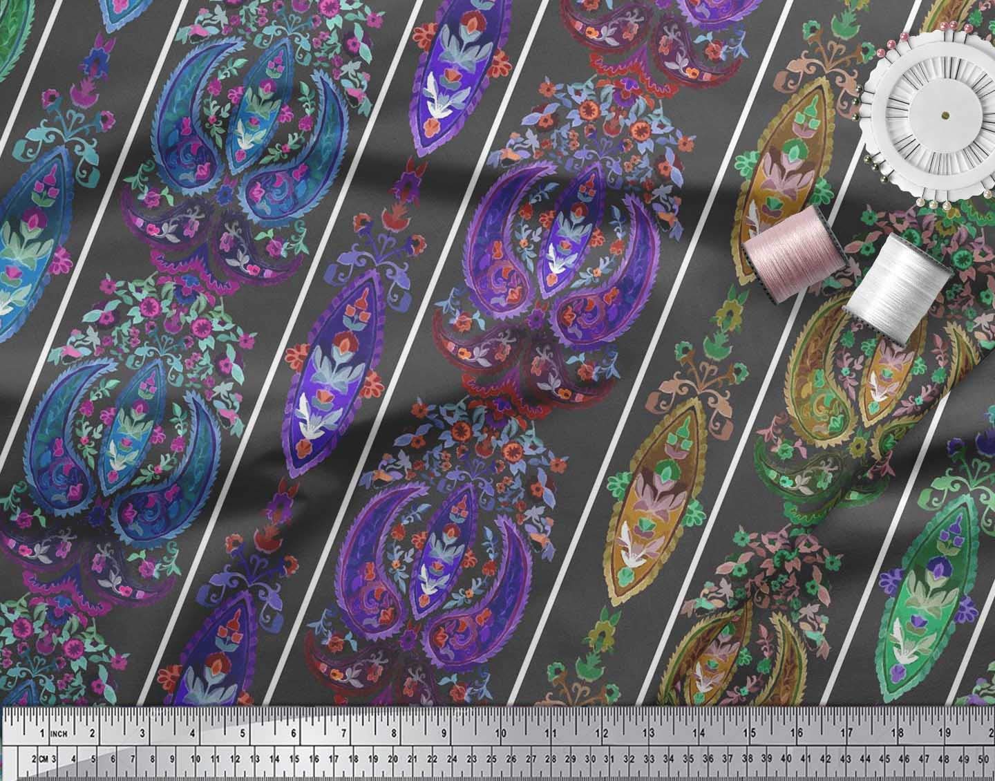 Soimoi Moss Georgette Brown Fabric by The Yard - 42 Inch Wide Stripe & Paisley Ethnic Print - Lightweight Chiffon Material for Dresses, Scarves & Home Decor - Fashionable Bohemian Style Fabric for DIY Sewing Projects