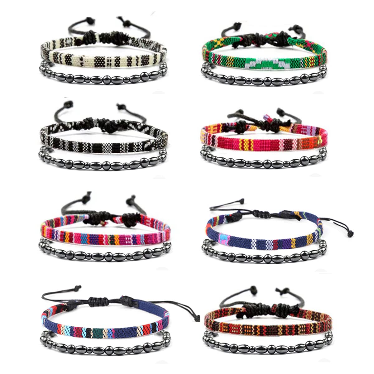 MOZAKA 16 Pack Bohemian Magnetic Hematite Ankle Bracelets for Women & Men - Adjustable Surfer Anklets, Handmade String Bracelets for Beach, Festival, Yoga & Summer Outfits