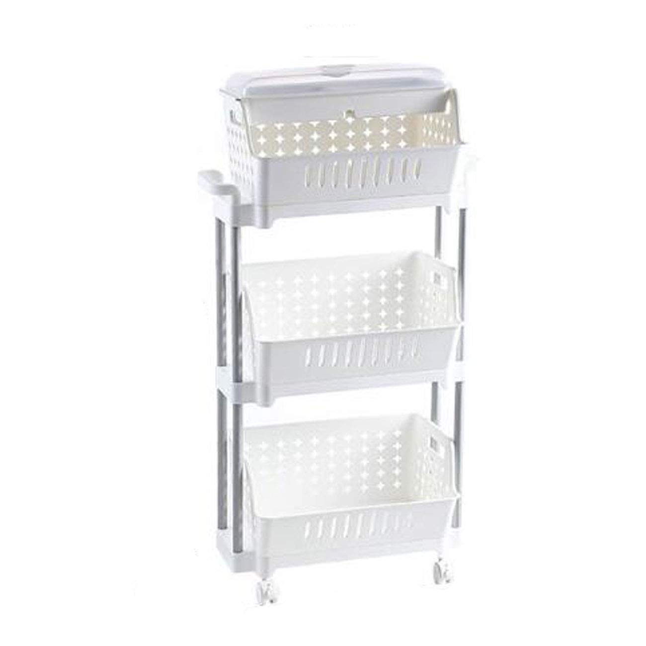 3-Tier Storage Trolley Cart with Detachable Lid & 360° Wheels - White Rolling Utility Organizer for Kitchen, Bathroom, Office or Dorm Room (53x31x97cm)