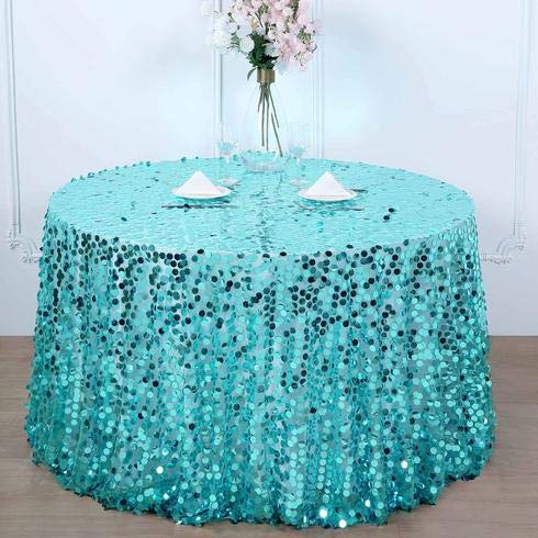 Premium Sequin Round Tablecloth 120 Inches - Big Payette Turquoise Luxury Fabric for Weddings, Birthdays, Christmas Parties & Banquet Hall Decorations - Perfect for Formal Events, Holiday Celebrations & Special Occasions