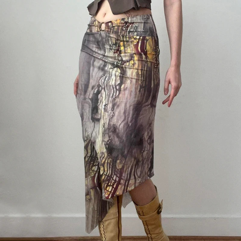 Vintage Tie Dye Asymmetrical Long Skirt for Women - Low Rise Streetwear Fashion with Fairycore Aesthetic | Perfect for Boho Festivals, Beach Vacations & Casual Outings