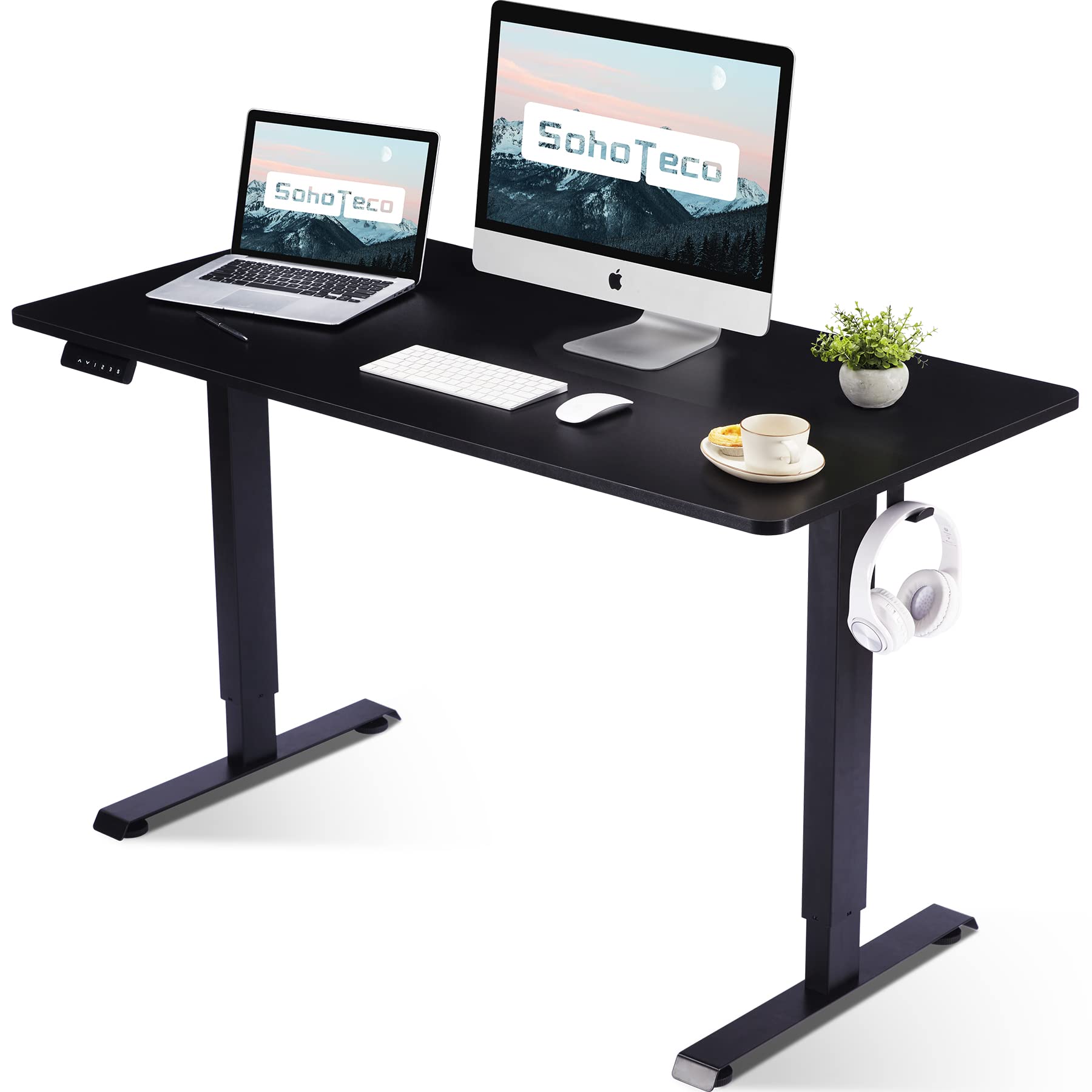 SohoTeco 48x24 Electric Standing Desk - Height Adjustable with Memory Controller, Super Stable Sit Stand Desk for Home Office, Solid Wood Top & Steel Frame, Black - Perfect for Remote Work, Gaming, and Ergonomic Workspaces