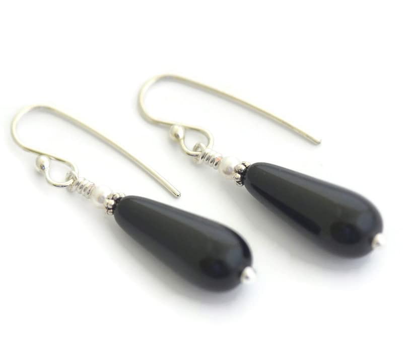 Sterling Silver Black Dangle Teardrop Earrings with Faux White Pearl - Hypoallergenic Modern Jewelry for Women - Perfect for Parties, Weddings & Everyday Wear