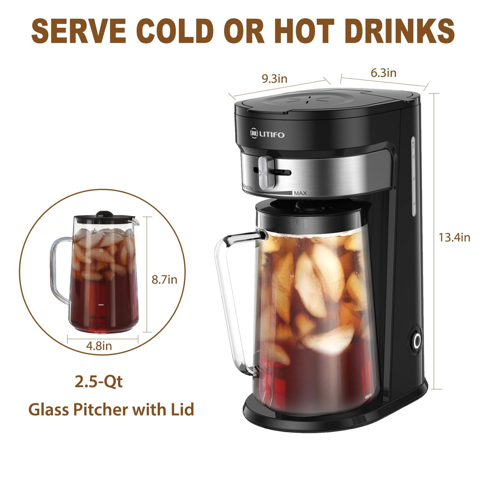 LITIFO 2.5-Quart Stainless Steel Iced Tea & Coffee Maker with Adjustable Strength Selector - Perfect for Home, Office & Outdoor Use (Black 2.0)