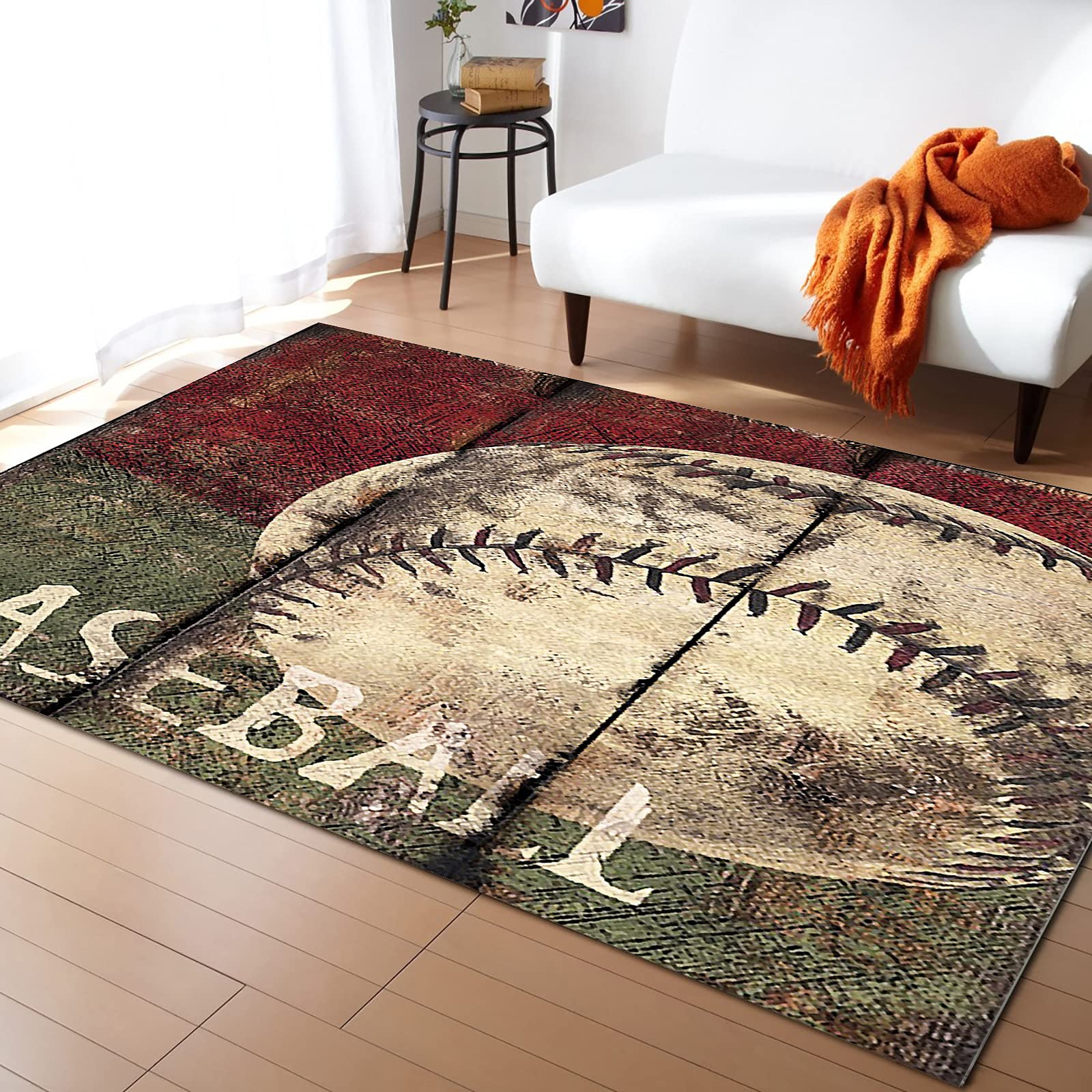 Seven Roses Vintage Baseball Design Non-Slip Area Rug 5' x 8' - Retro Rectangular Carpet with Rubber Backing for Living Room, Bedroom, Kitchen | Perfect for Wooden Floors, Home Decor & Sports Theme Spaces
