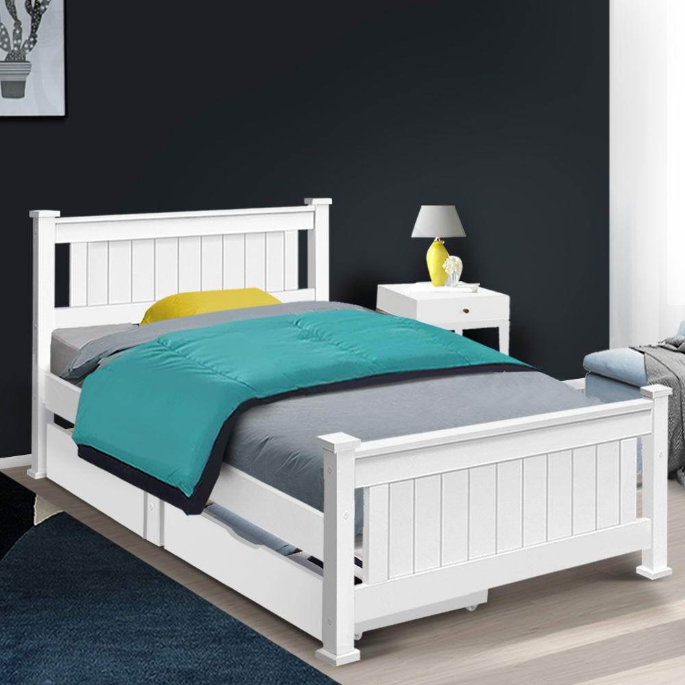 Cottesloe White Wooden Single Bed with 2 Storage Drawers - Space-Saving Kids Bedroom Furniture for Small Rooms & Apartments