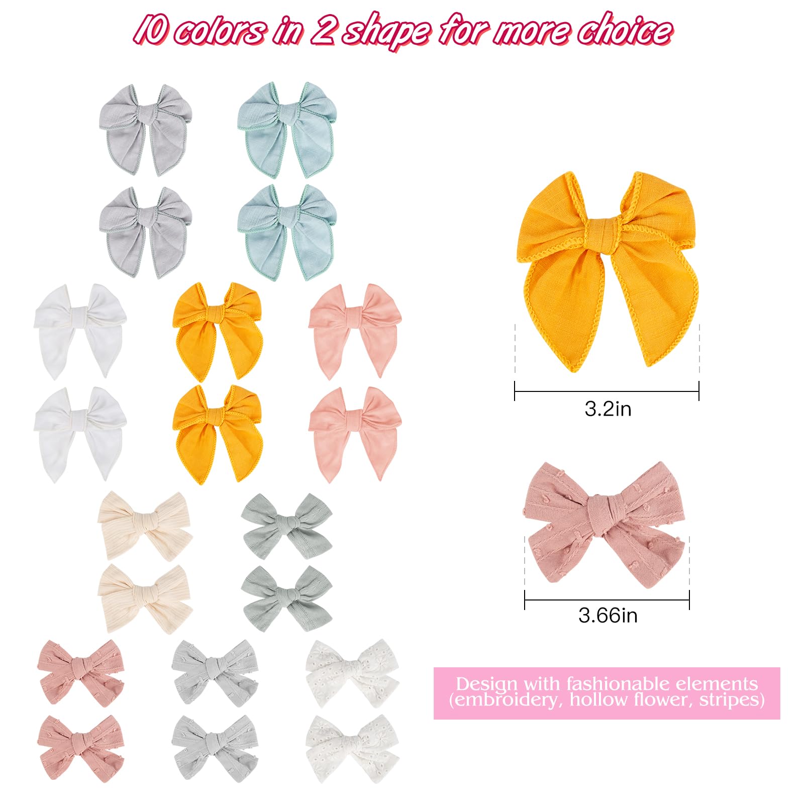 20PCS Baby Hair Bows Clips - Non Slip Alligator Clips for Girls, Handmade Linen Cotton Barrettes for Fine Hair (Infant Toddler Kids) - Perfect for Parties, Photos & Daily Outfits