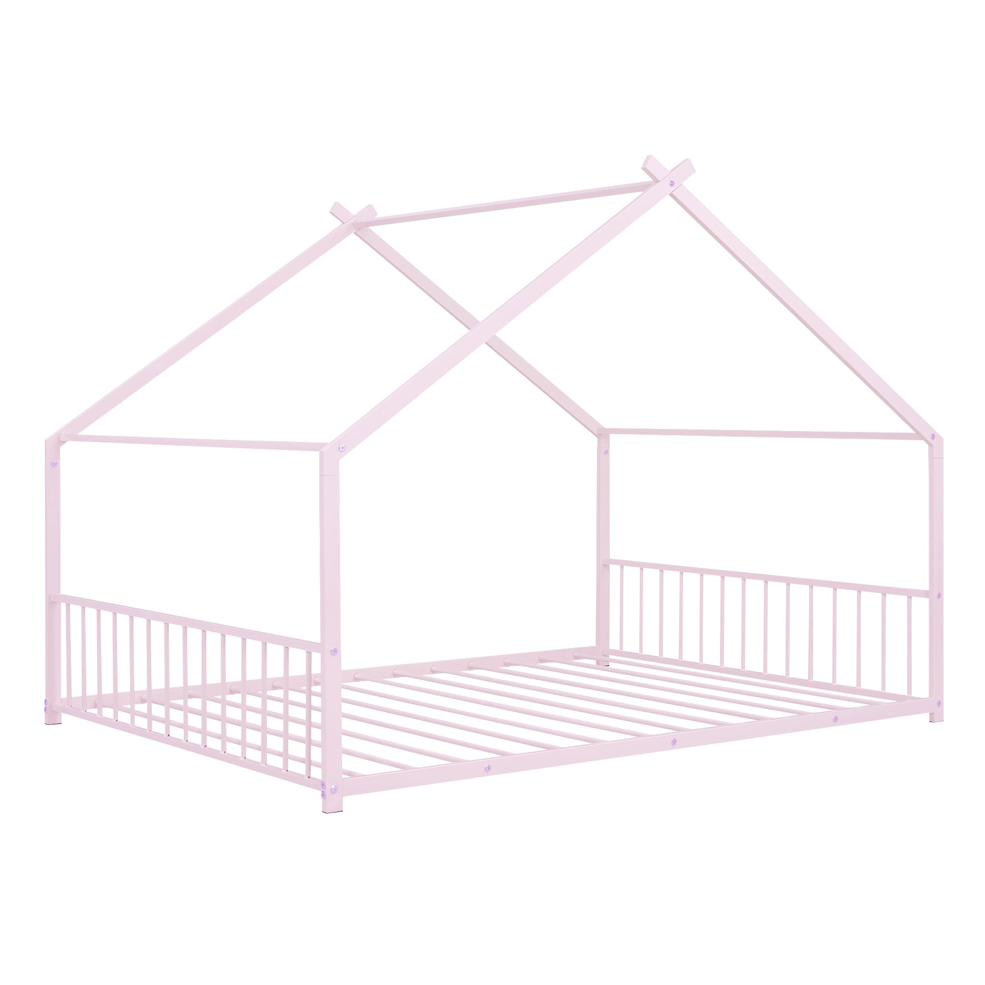 Montessori Full Size Floor Bed Frame with Headboard & Slats - Kids House Bed for Boys & Girls (Pink) | Safe Toddler Bedroom Furniture for Montessori Learning & Play Areas