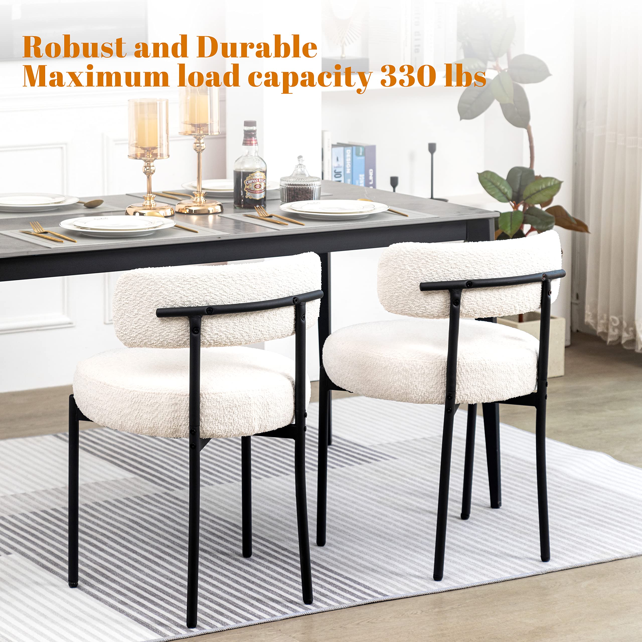 DYHOME White Boucle Dining Chairs Set of 4 - Modern Upholstered Kitchen & Dining Room Chairs with Thick Cushions & Sturdy Metal Legs - Perfect for Kitchen, Living Room, Breakfast Nook & Small Space Dining Areas
