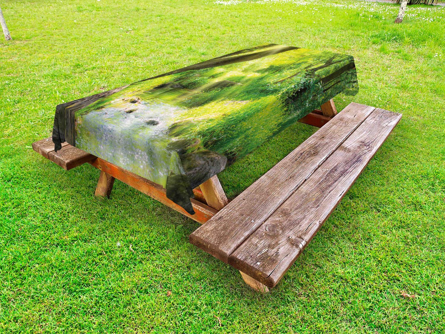 Ambesonne Waterproof Outdoor Tablecloth - Tropical Forest Jungle Landscape Design, Washable Picnic Table Cover 58x104 Inches, Brown & Lime Green - Perfect for Camping, BBQs, Garden Parties and Patio Dining