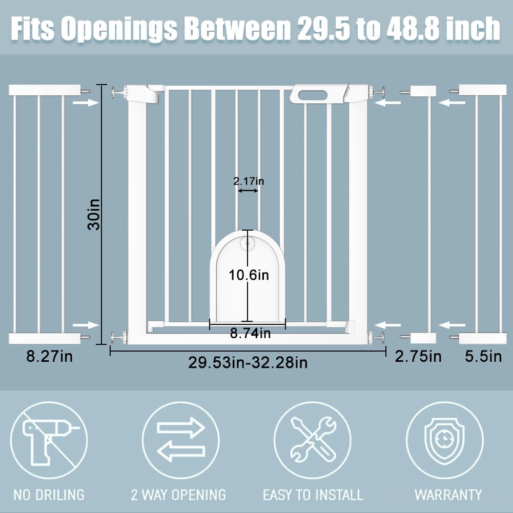 Extra Wide Baby Gate with Cat Door - 29.5-48.8 Inch Adjustable Pet Gate for Dogs & Cats, 30