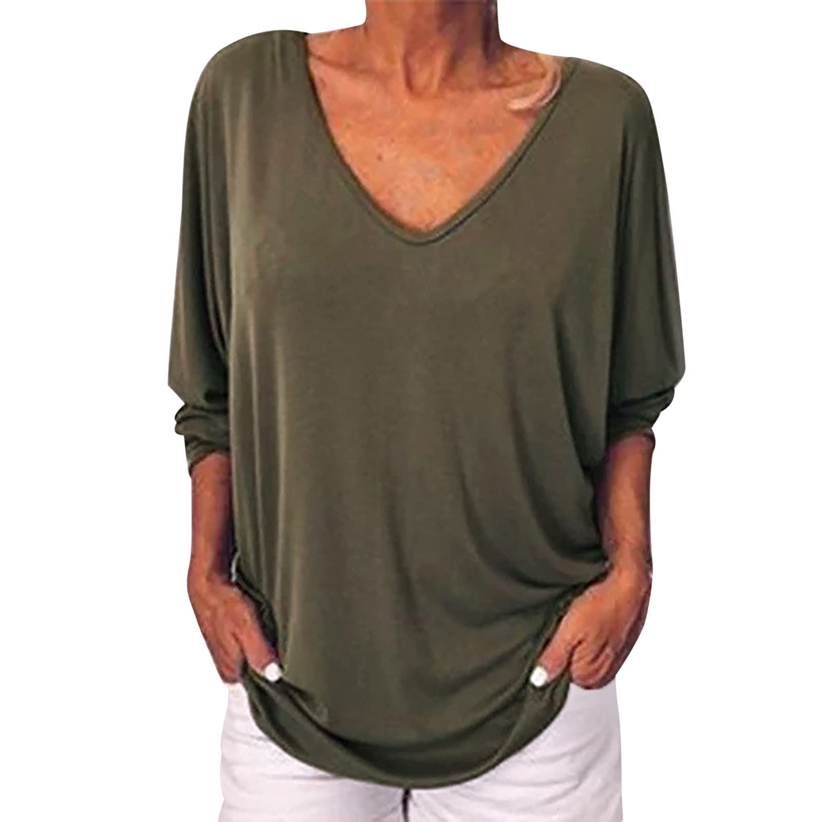 Trendy Women's V-Neck 3/4 Sleeve Solid Color Tops - Summer & Spring Fashion 2022 - Casual Blouse for Work, Date Night & Everyday Wear