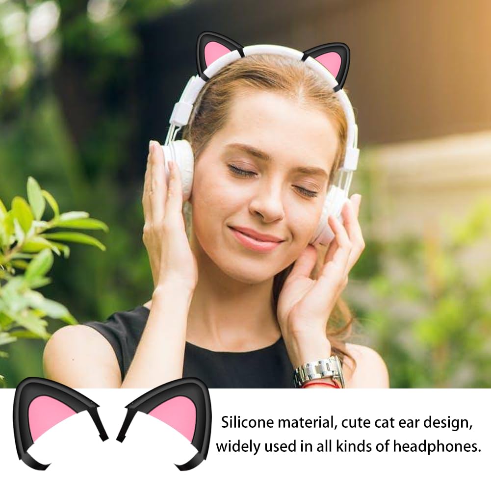 POHOVE 2pcs Cute Cat Ears Headphone Accessories - Adjustable Silicone Kitty Ears for Universal Gaming Headsets, Perfect for Cosplay, Streamers & Anime Lovers (Black/White)