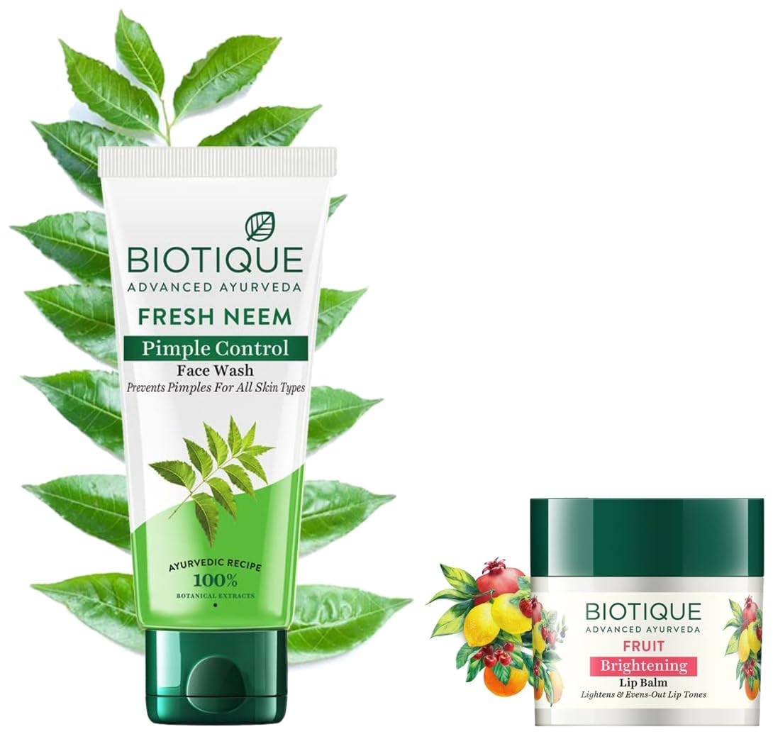 Biotique Bio Fruit Whitening Lip Balm 12G & Bio Neem Purifying Face Wash 150ml - Natural Skincare Set for Dry & Oily Skin | Daily Lip Care & Face Cleansing Routine