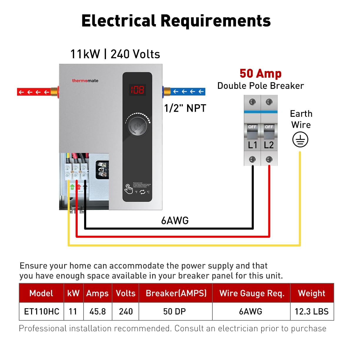 ThermoMate 11kW Electric Tankless Water Heater - 240V On Demand Instant Hot Water System | Self-Modulating Energy Efficient | Compact Space Saving Design (2.15GPM at 35°F Rise) | Perfect for Kitchen, Bathroom & RV Use