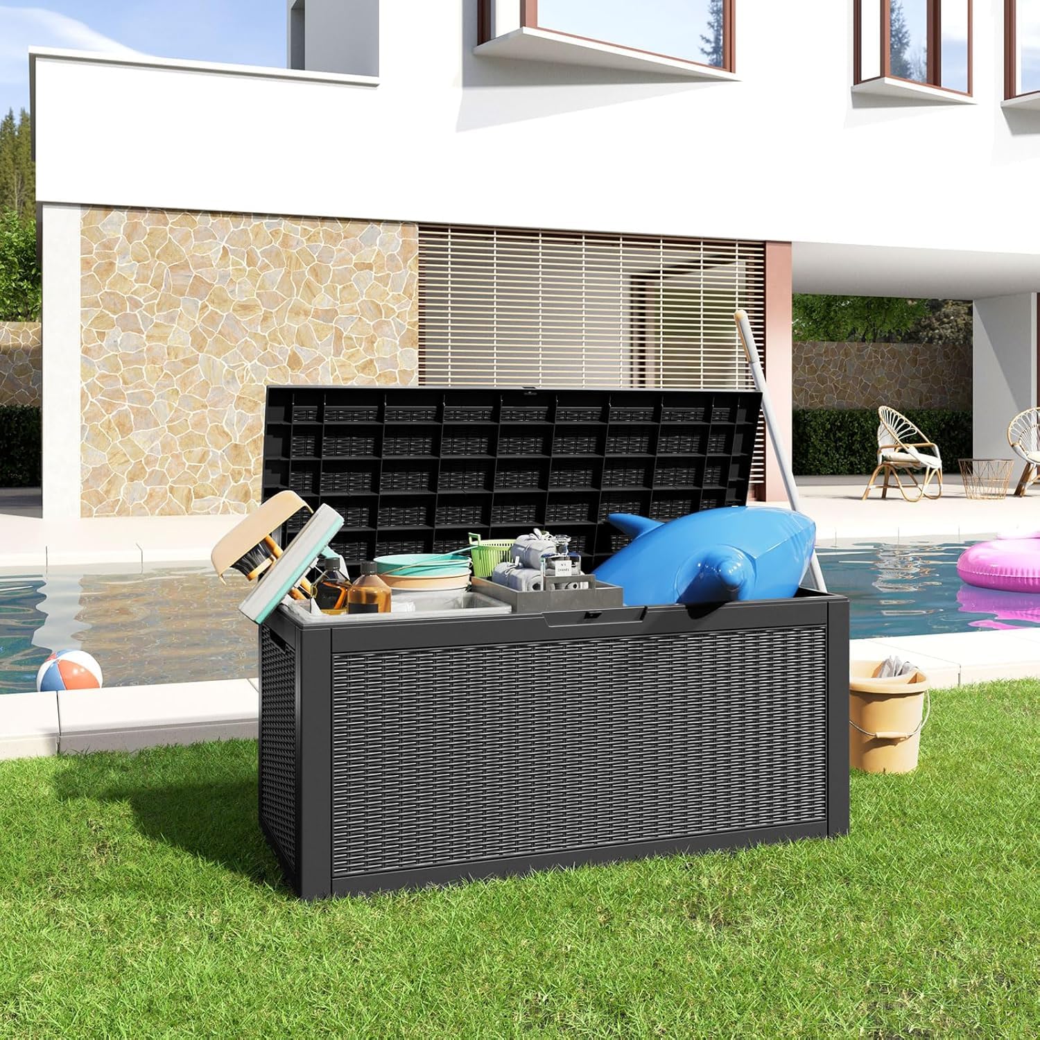 100 Gallon Resin Large Deck Box with Lock - Waterproof Outdoor Storage Container for Patio Furniture, Garden Tools & Equipment | Durable Black Deck Storage Box for Backyard, Poolside & Garage Organization
