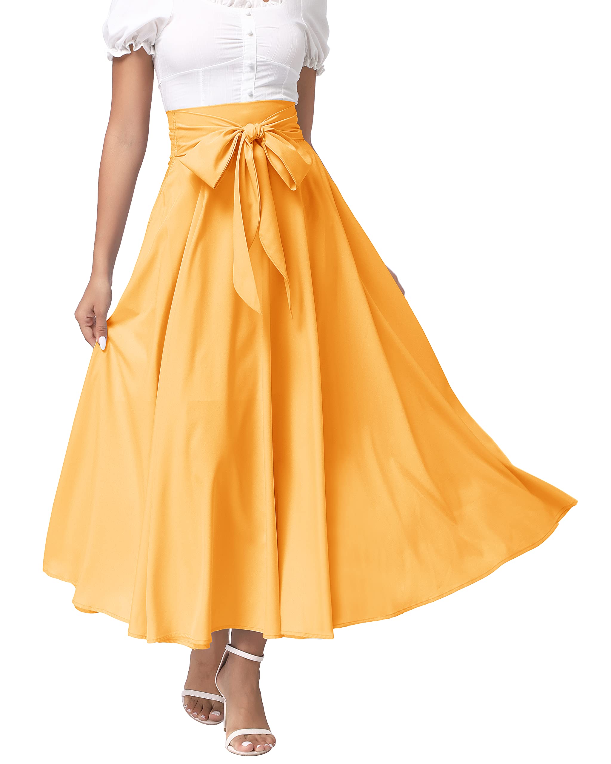 Elegant High Waist Women's Maxi Skirt with Pockets - Flowy Pleated Split Design for Casual Outings, Beach Vacations & Summer Parties