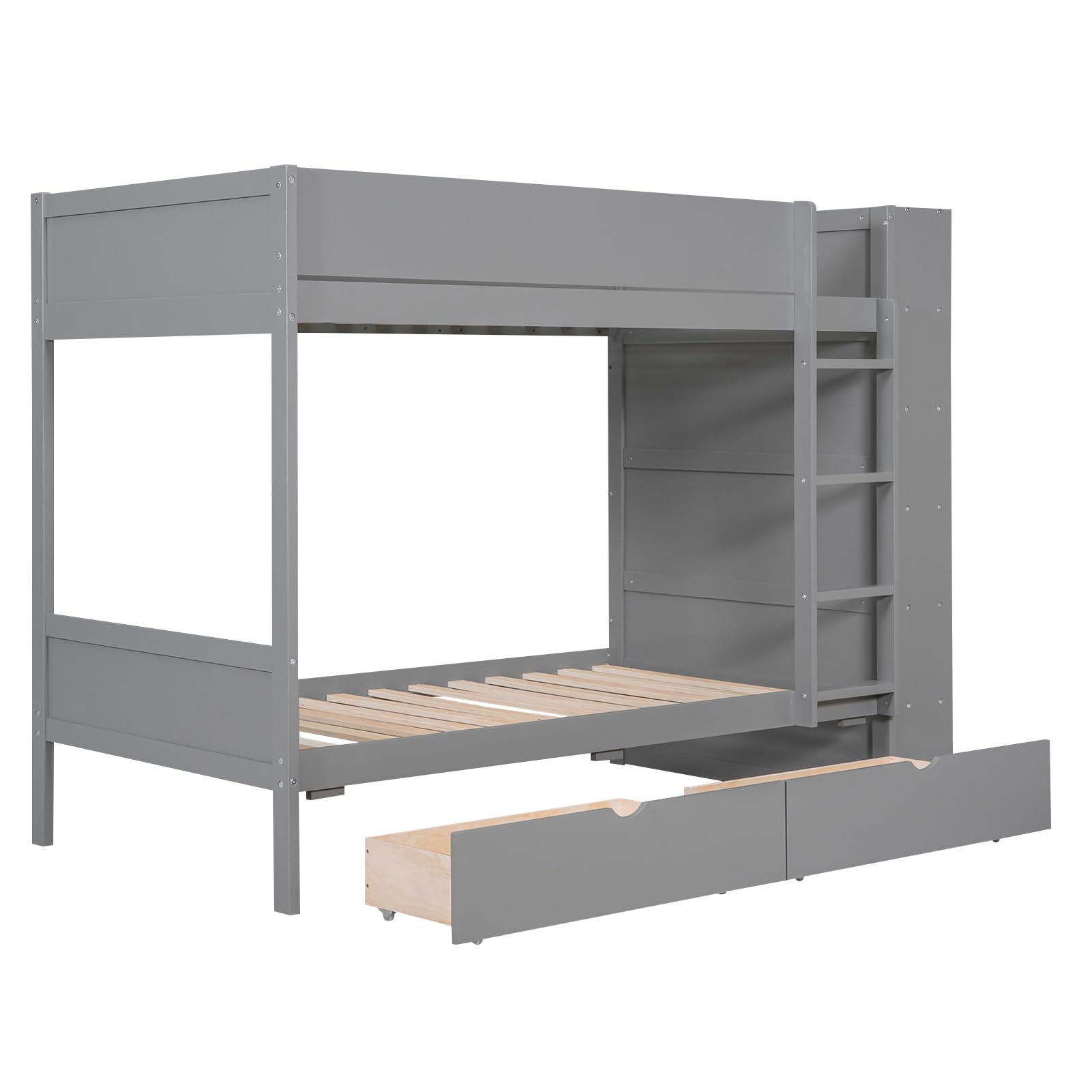 P PURLOVE Twin Over Twin Wooden Bunk Bed with 2 Drawers & Multi-Layer Storage Cabinet - Space-Saving Kids Bunk Bed Frame for Bedrooms, Dorms, and Small Spaces