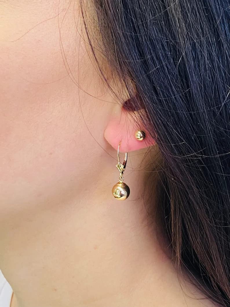 14K Yellow Gold Leverback Dangle Earrings for Women - 5mm, 6mm, 7mm, 8mm Polished Ball Hypoallergenic Earrings - Perfect for Parties, Weddings & Everyday Elegance
